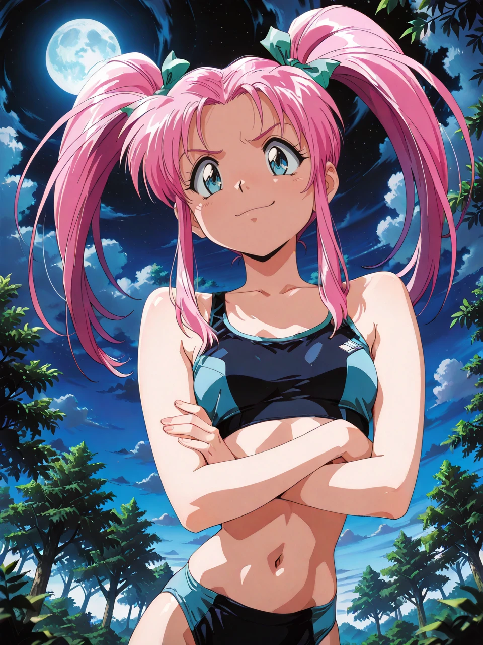 masterpiece, best quality, amazing quality, very aesthetic,<lora:illustriousXLv01_stabilizer_v1.152:0.5>, <lora:ppw_v7_noobVv1.0:1>, (SuperQuality_1.0) ~ (SuperQuality_1.2) , Smooth_Quality , <lora:reduce_wrinkles_illstriouosv0.1_ADDifT_2_in_1_v1.2:0.8> 1girl, absurdres, nsfw, smirk,crossed arms ,looking at viewer, from below,  nature, windy, gusts, swaying trees, night, full moon,
<lora:lilica_ill_fw:1>  lilica_ill_fw, twintails, pink hair, long hair, blue eyes, sidelocks, ribbon, sports bikini,  <lora:Yamashita_Toshinari_style_Illustrious_FW:0.3> ytfw , 1990s \(style\),