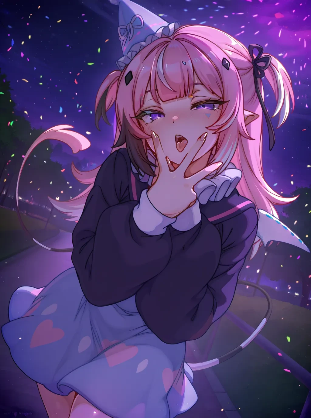 (masterpiece, absurdres, newest, best quality, absolutely eye-catching), 1girl, <lora:Camila_v3-000010:0.9> camilavt, purple eyes, dress, park, night, v, seductive pose, open mouth, hand over mouth, tongue out, party hat, <lora:Granblue Fantasy XLV2:0.5>, <lora:PDXL_artist_tags_v2_big:0.5> by merunyaa