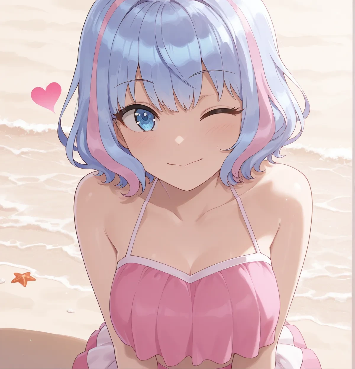 solo,1girl,kukuri_tomo,tomochin,(idole:1.2),pink costume,close-up face,blue hair,two-tone color,highres,absurdres,incredibly absurdres,huge filesize,idole,on stage,dynamic pose,fancy effect,vivid effect,clear shades,beach,heart effect,SFW,sound picture,skirt panel,accessory,no text,one eye closed,bust up,luminus idole,<lora:tomochin03:1>,<lora:noobai_vpred_1_masterpieces_v23:1>,masterpiece,best quality,very aesthetic,<lora:Eyes_High_Definition-000007:1>,EyesHD,<lora:waiSHUFFLENOOB_ePred10:1>,