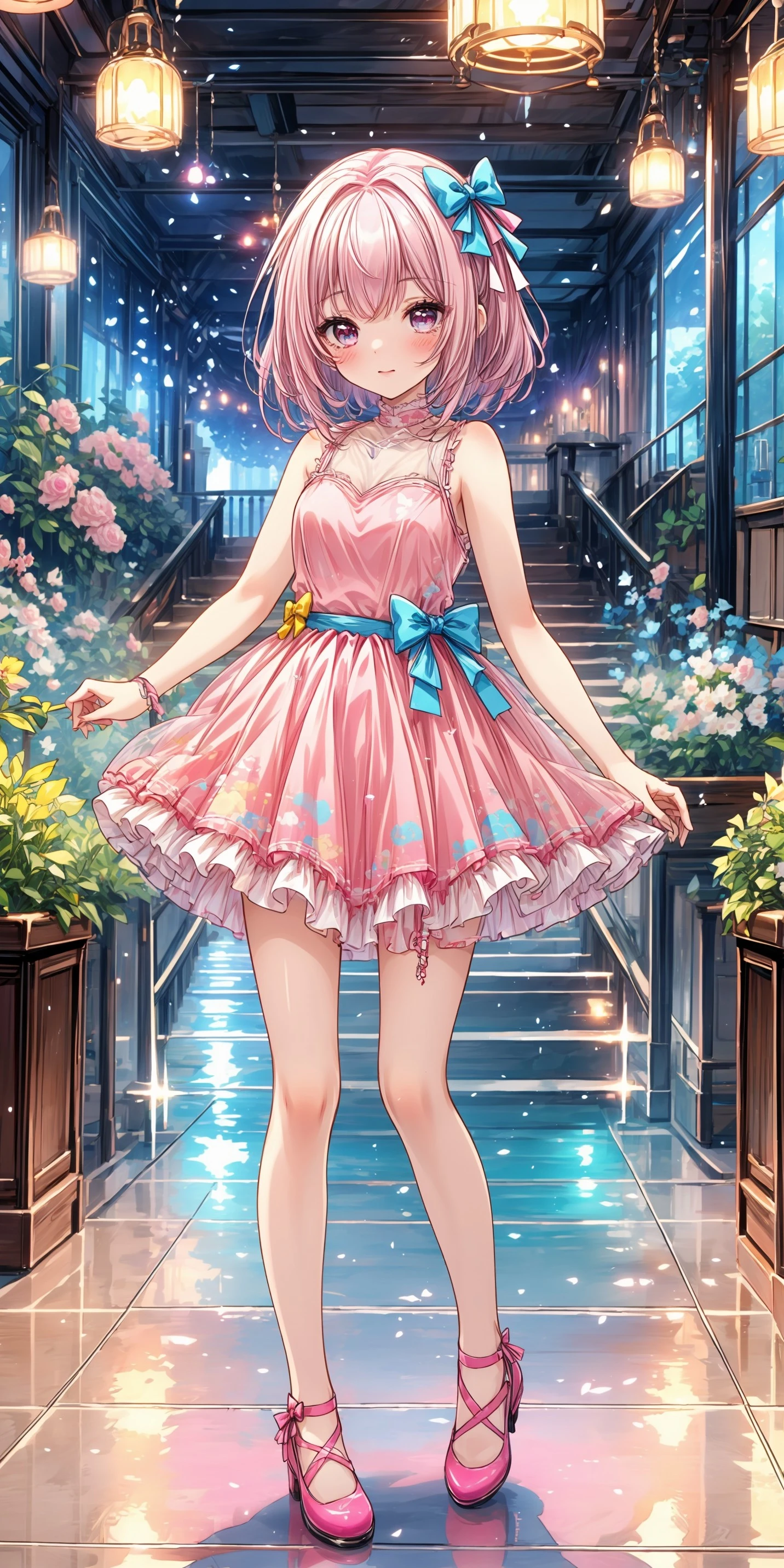 ((fullbody)) 1girl, big sparkling eyes, blushing, full face blushing, pink and magenta strapless sleeveless short puffy dress, light pink sheer shoulder frills, pink bodice, blue and yellow waist ribbons, magenta and off-white short attached polka dot print tulle tutu skirt, bows, yellow bow, blue bow, <lora:more_details:0.7>, <lora:scene_:0.5>, <lora:FashionComplexityEnhancerLORAv1:0.4>, <lora:77d0aa18-2822-4d80-803a-17810d70a2af:0.6>, <lora:2e7fa73a-6616-4428-8b5f-0e65efaa9198:0.4>, <lora:bar:0.4>, <lora:96073874-f082-4683-942e-601cecac5c40:0.3>, <lora:f7d08feb-f21d-42d0-9ef1-a9481867524d:0.3>, , , , ,