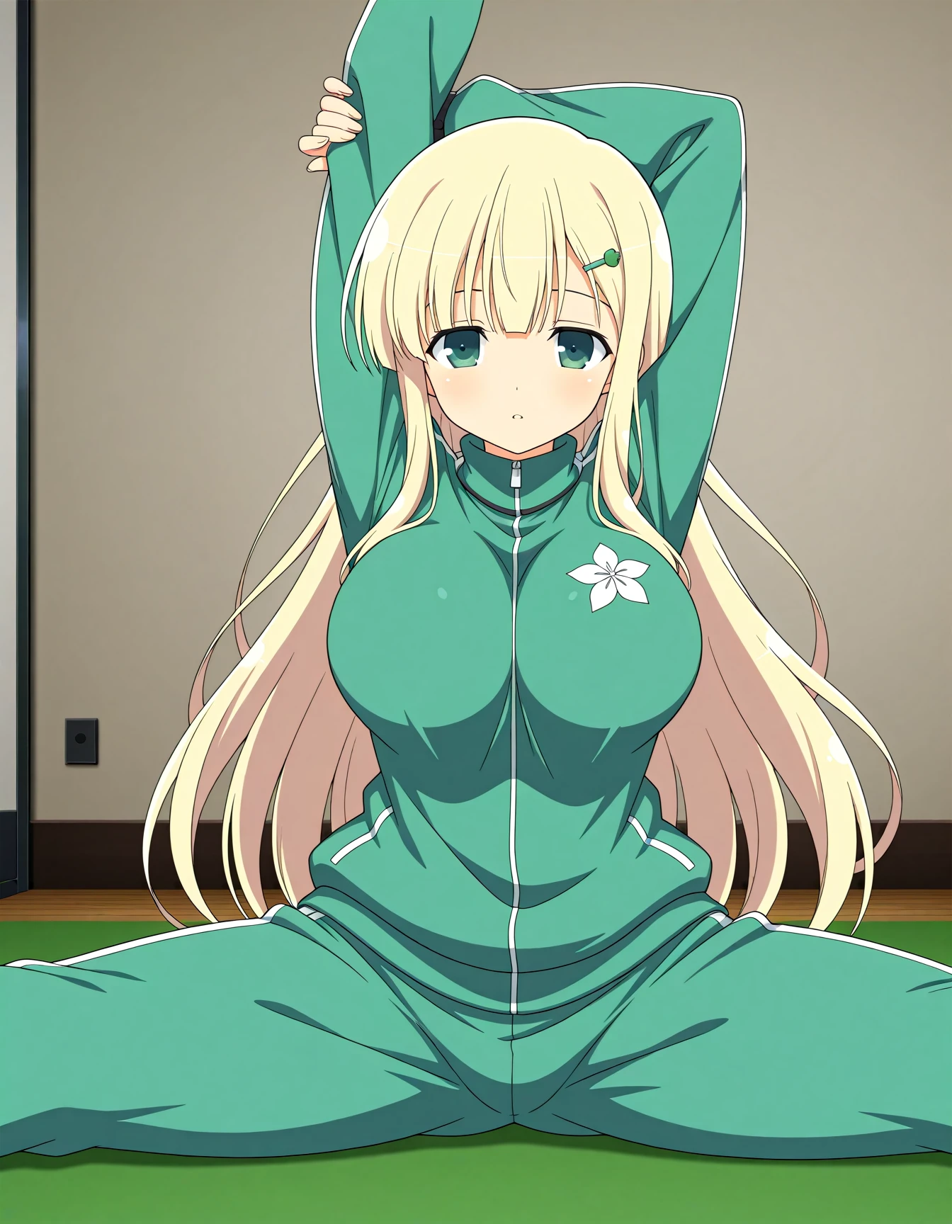 <lora:A dmd2-lighting8step_cfg1.5:1>,official style,masterpiece,best quality,very aesthetic,absurdres,newest,anime coloring,anime screencap,anime style,<lora:SK Yomi_(Senran_Kagura)v1:1>,yomi \(senran kagura\),green eyes,blonde hair,long hair,green hairclip,large breasts,green track suit,green track jacket,green track pants,track shoes,(stretch:1.5),sitting,legs_apart,