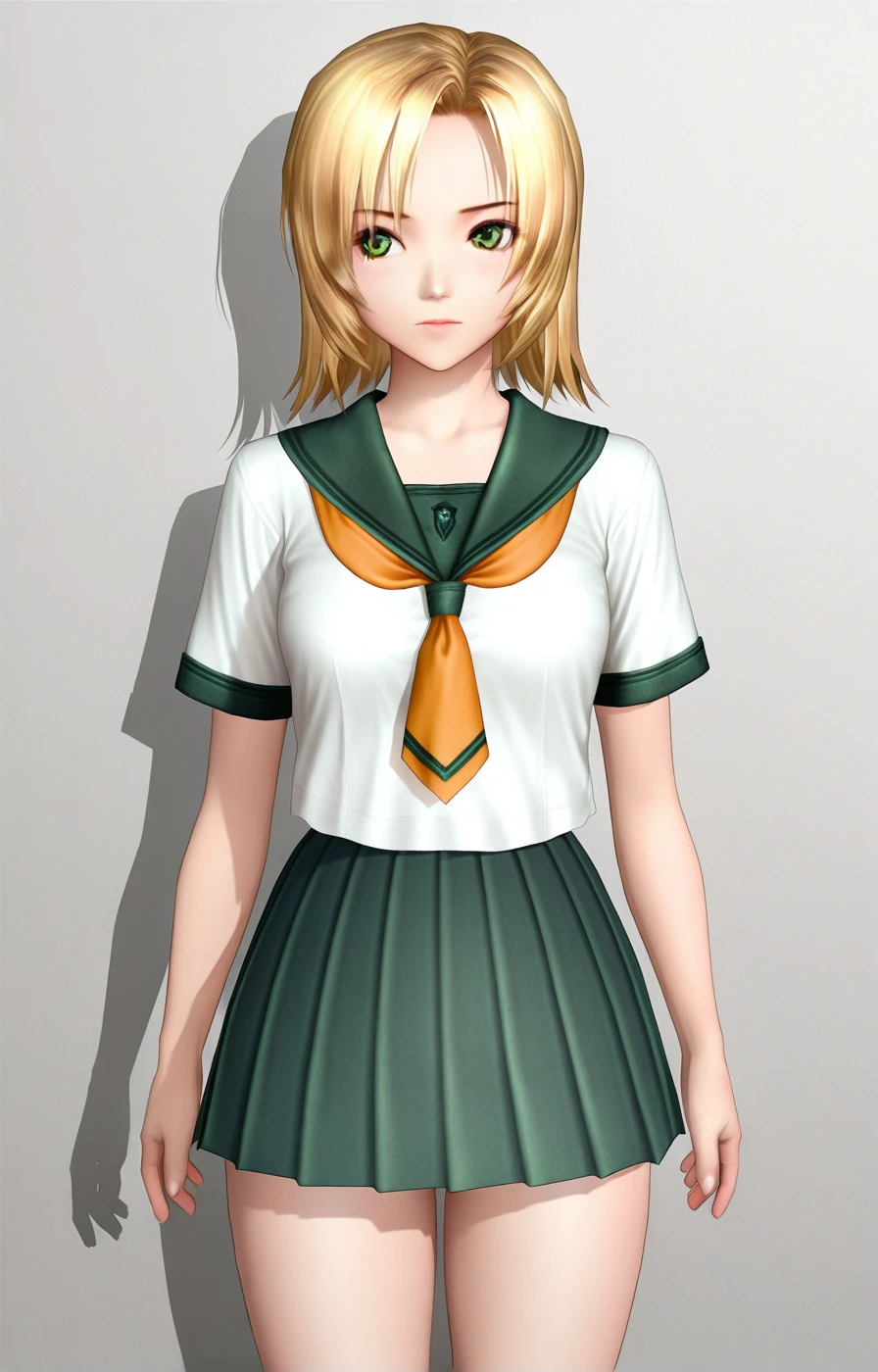 masterpiece,best quality,absurdres,1girl,solo,<lora:Setsuki_illust01_loha:0.85>,short hair,blonde hair,green eyes,school uniform,pleated skirt