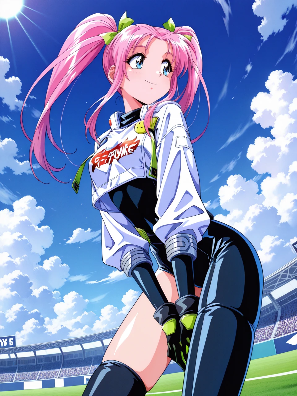 masterpiece, best quality, amazing quality, very aesthetic,<lora:illustriousXLv01_stabilizer_v1.152:0.5> , <lora:reduce_wrinkles_illstriouosv0.1_ADDifT_2_in_1_v1.2:0.8> 1girl, absurdres, nsfw, smile,hands between legs ,looking to the side, from below,  stadium, partly cloudy, sun and clouds, patchy shadows, dusk,
<lora:lilica_ill_fw:1>  lilica_ill_fw, twintails, pink hair, long hair, blue eyes, sidelocks, ribbon, <lora:vocaloid_racingmiku2022_illustriousXL:1> white jacket, cropped jacket, crop top overhang, long sleeves, black bodysuit, flame print, smiley face, clothes writing, two-tone gloves, black gloves, green gloves, black thighhighs, single thighhigh, single thigh boot,  <lora:Yamashita_Toshinari_style_Illustrious_FW:0.3> ytfw , 1990s \(style\),