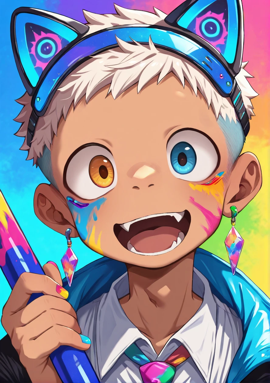 masterpiece,best quality,high quality,highly detailed,intricate,8k,absurdres,1boy,solo,colorful weapon,very short hair,open mouth,cute smile,cyber shirt,cyber,bottoms,round eyes,heterochromia,light color eyes,open mouth,light color hair,tan skin,looking at viewer,cyber jacket,fangs,colorful,colorful colored,holding,cyber tie,cat ear,cyber headwear,paint,face paint,disheveled shirt,upper body,close up face,colorful background,smork,colorful nail,
colorful earrings,<lora:ããããwaryusya_NAI1:1>