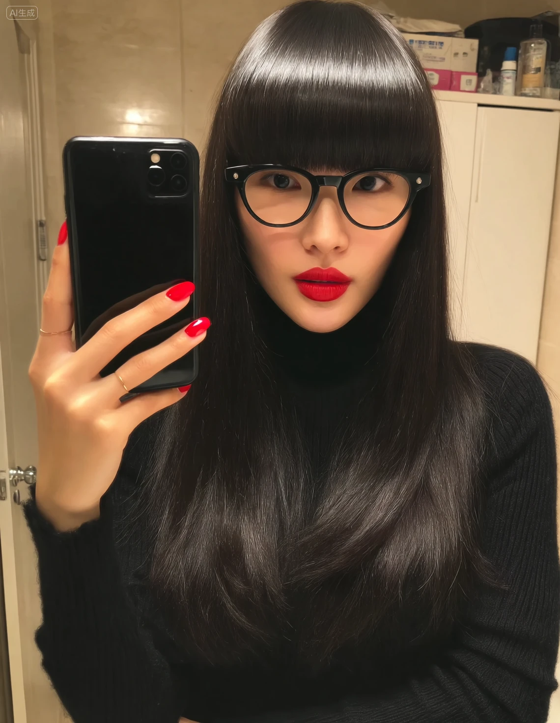 An Asian woman is holding up her mobile phone towards the camera. She has long, straight, jet - black hair with a neatly trimmed fringe covering her forehead. She is wearing a pair of black - framed glasses with clear lenses and simple, clean - lined frames. Her lips are painted with bright red lipstick, which makes them stand out. She is dressed in a dark - colored turtleneck sweater. The color is close to black, and the texture looks soft and textured.
She is holding a black mobile phone in her left hand. On the back of the phone, three cameras are arranged in a triangle in the upper - left corner. Her fingernails are painted with bright red nail polish, echoing the color of her lipstick. On the ring finger of her right hand, she is wearing a small golden ring.
In the background, a white cabinet can be seen. There are some items placed on top of the cabinet, including boxes and jars, which might be daily necessities. On the left, there is a door with a silver doorknob, and the door is half - open. The overall environment seems to be an indoor space, perhaps a dressing area in a bathroom or a bedroom. The light is soft, mainly coming from the front, illuminating her face and hair.
