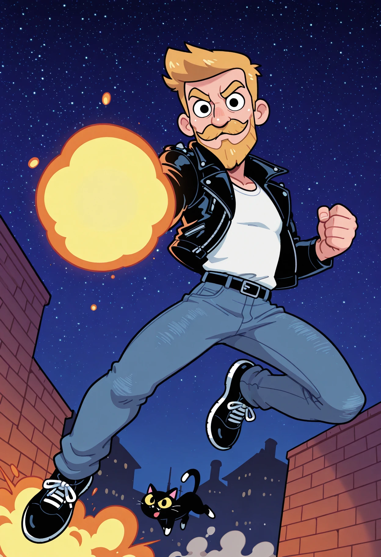 highres,amazing quality,4k,high resolution,ultra-detailed,newest,brick building,starry sky,night sky,smoke,(((1man))),blond hair,short beard,mustache,leather jacket,white tshirt,jeans,black sneakers,male focus,very short hair,sideswept bangs,male focus,dynamic pose,action,foreshortening,dynamic angle,male focus,foreshortening,looking at viewer,cat,charging cat BREAK explosions,toon,