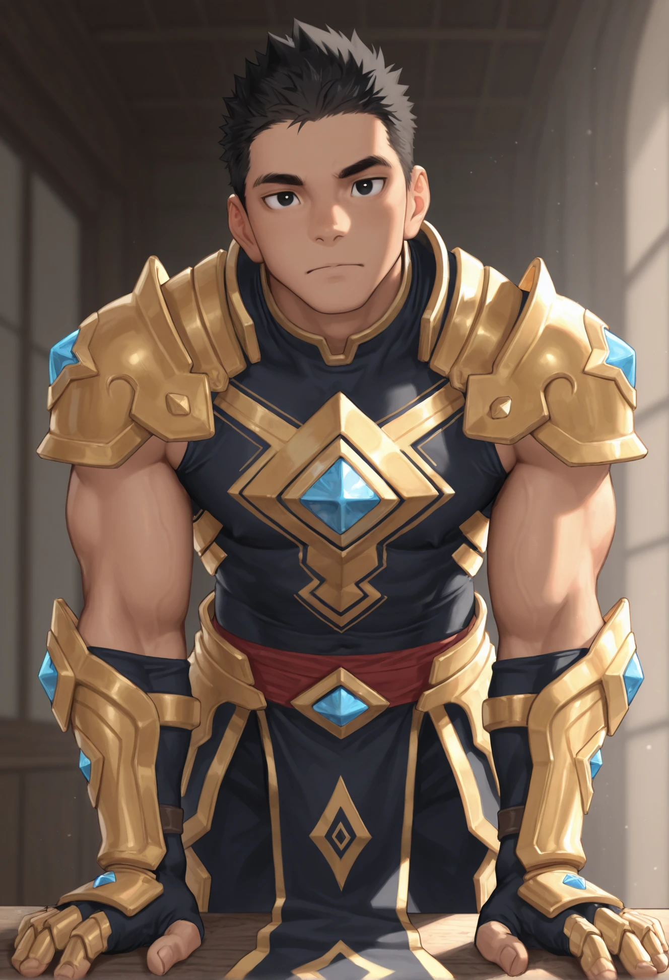 (masterpiece,best quality,perfect quality,absurdres,newest,very aesthetic),male focus,solo,muscular,detailed eyes,black eyes,looking at viewer,arm_support,two-tone clothing,gold trim armor,<lora:danzienginelora-22:0.9>,