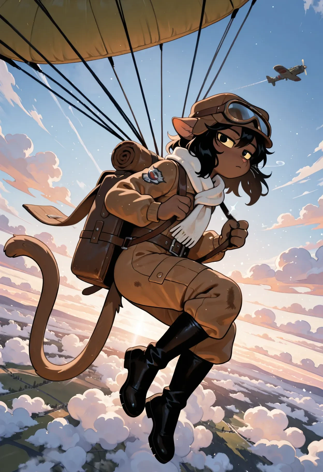 masterpiece, best quality, absurdres, on model, screencap, flat color, ivyc, 1girl, full body, female, solo, brown fur, brown body, black eyes, yellow sclera, black hair, medium hair, wind, messy hair, furry, anthro, flat chest, feline, tail, (parachute:1.1), floating, sky, wind, clouds, leather pilot cap, brown cap, flight goggles on head, brown flight jacket, white scarf, long scarf, fluttering scarf, in air, dutch angle, cinematic, aerial perspective, midair, open sky, flight suit, falling, holding straps, (arms up:0.6), looking at viewer, from side, from front, low angle, (leather backpack:0.5), eyes half closed, bored, (airplane in background:0.8), wwi, wwi1, slouch, hunched forward, (fetal position:0.8), suspended, leather straps,
<lora:Ivy v5b Noobs955:1>