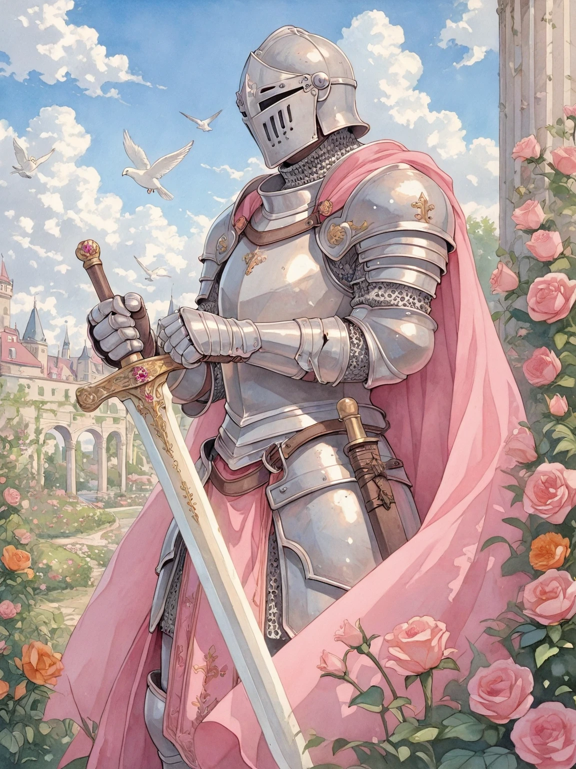 masterpiece, best quality, amazing quality, pink aesthetic, pink theme, solo, holding, standing, flower, weapon, outdoors, sky, day, cloud, sword, holding weapon, cape, armor, from side, blue sky, bird, rose, holding sword, traditional media, cloudy sky, helmet, shoulder armor, building, 1other, gauntlets, , scenery, pink flower, pauldrons, breastplate, red cape, vambraces, fantasy, painting \(medium\), watercolor \(medium\), pink rose, planted, pillar, faulds, castle, knight, full armor, orange flower, ambiguous gender, tower, planted sword, unsheathed, glowing weapon, covered face, arch, glowing sword, helm, two-handed, greatsword, column, garden, plate armor, chainmail, acrylic paint \(medium\), pink cape