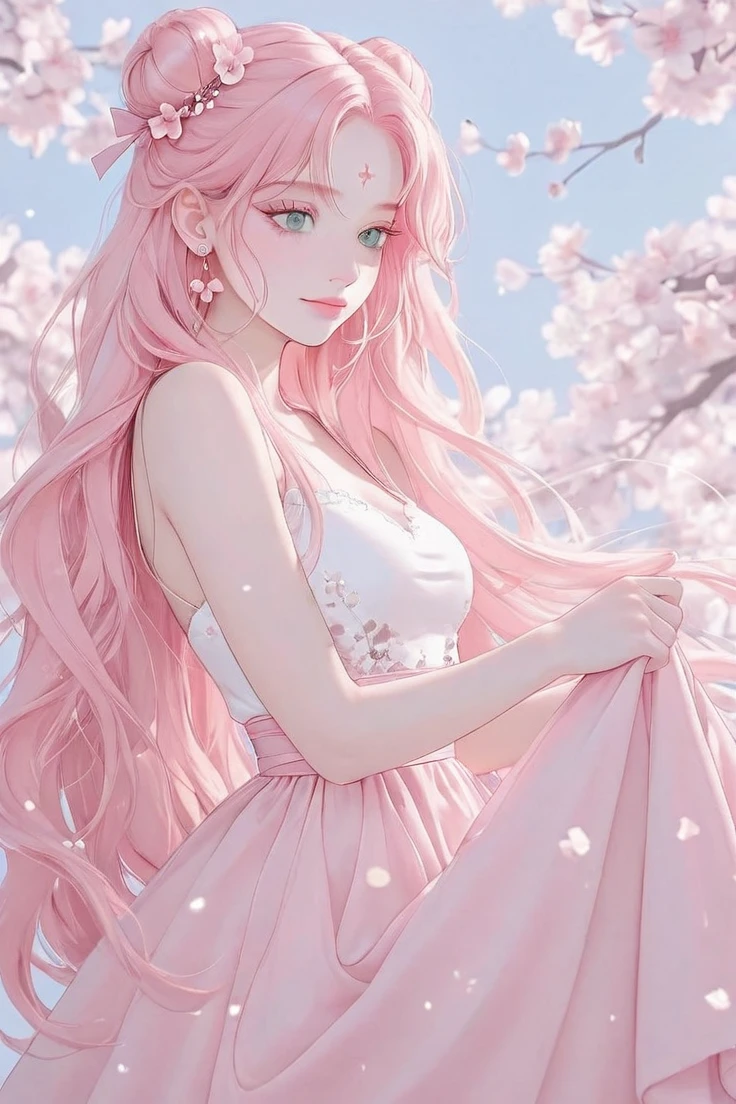 masterpiece, best quality, amazing quality, pink aesthetic, pink theme, 1girl, solo, long hair, , hair ornament, dress, closed mouth, jewelry, shoulders, very long hair, , green eyes, pink hair, flower, earrings, sleeveless, hair flower, white dress, hair bun, from side, aqua eyes, parted bangs, eyelashes, sleeveless dress, petals, double bun, blue background, light smile, crescent, cherry blossoms, pink dress, pink flower, pink ribbon, colored eyelashes, pink lips, skirt hold, pink theme, flower earrings, crescent facial mark