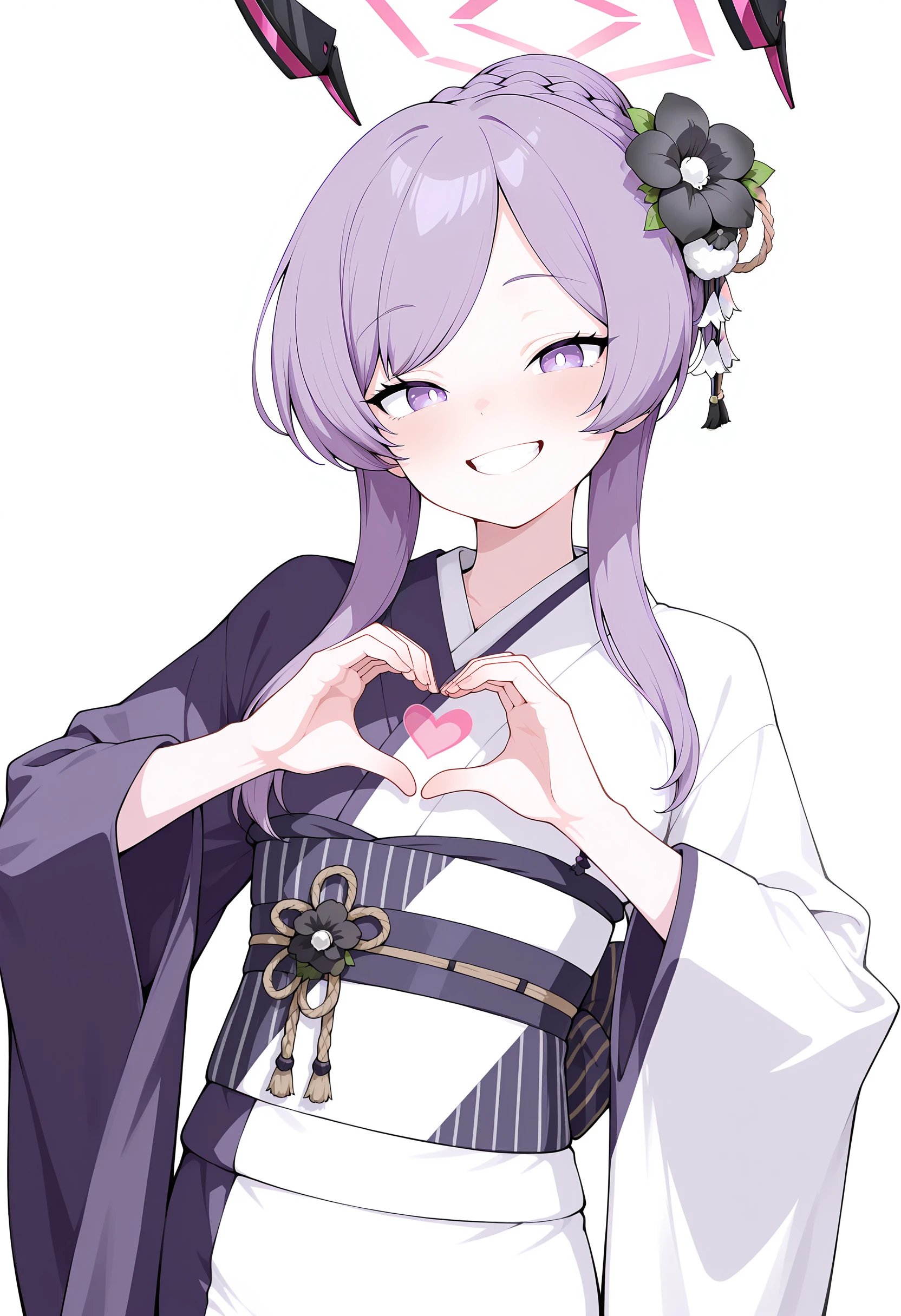 masterpiece,best quality,amazing quality,
1girl, solo, <lora:UtahaILv7-000014:1>, ut4idol, purple hair, short hair, braided bun, swept bangs, purple eyes, white pupils, pink halo, floating headgear, hair flower, black flower, hair ornament,
purple kimono, white kimono, two-tone kimono, long wide sleeves, obi, obijime, obiage, cowboy shot,
standing, looking at viewer, smile, grin, happy, (heart:1.1), loving aura, heart hands, heart in heart hands,
white background, simple background,