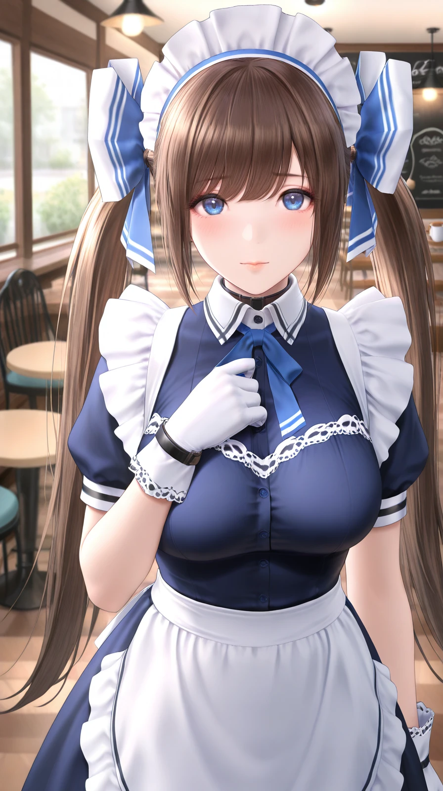 masterpiece,best quality,absurdres,1girl,solo,<lora:Girl_illust01-000010:1>,twintails,brown hair,long hair,blue eyes,maid headdress,maid,gloves,looking at viewer,cafe,depth of field,