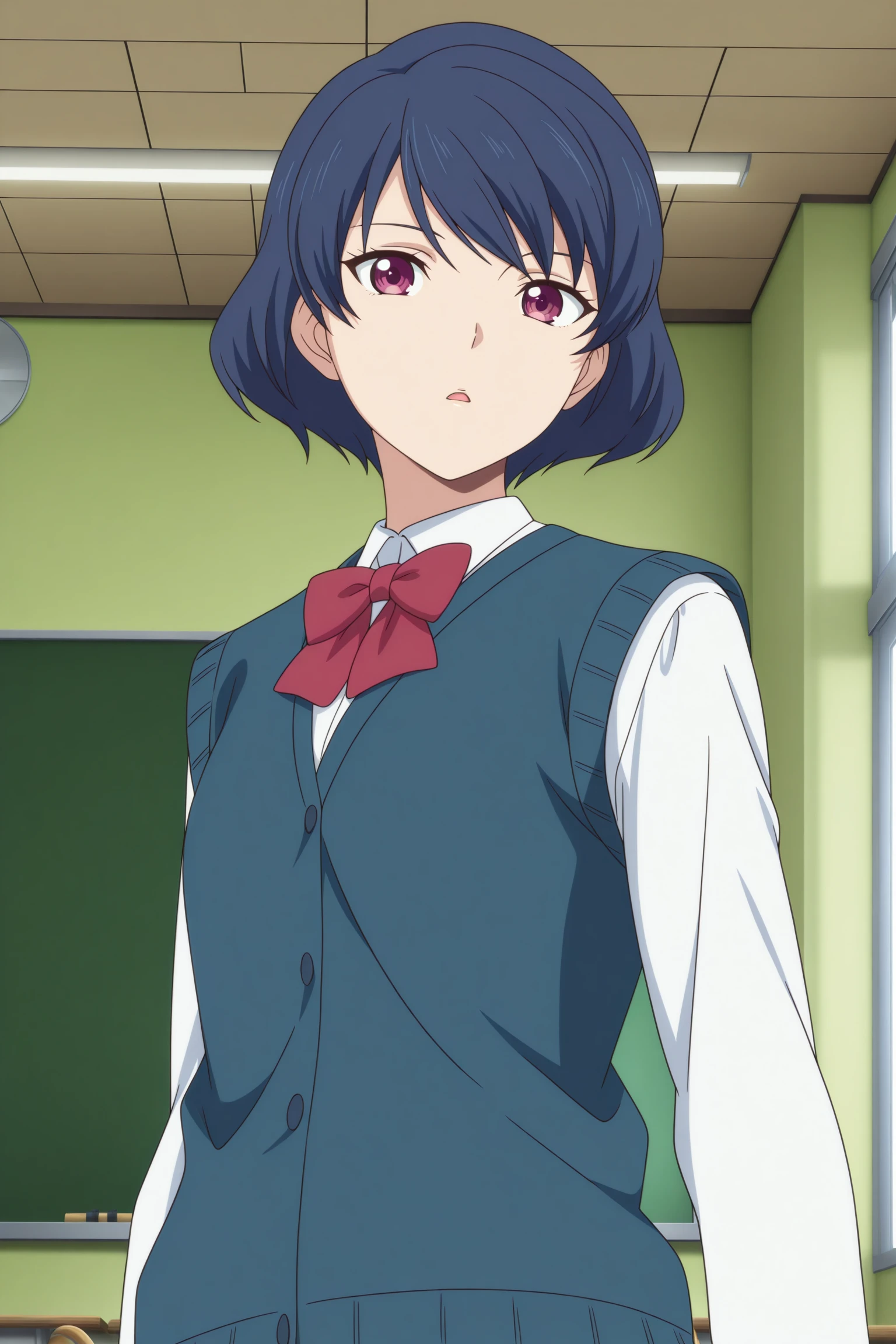 masterpiece, best quality, amazing quality, highres, absurdres, very aesthetic, high resolution, ultra detailed, perfect details, 1girl, solo, indoors, classroom, day, tachibana rui, short hair, blue hair, choppy bangs, purple eyes, long sleeves, white shirt, collared shirt, red bowtie, blue vest, cardigan vest, untucked shirt, red skirt, pleated skirt, black socks, kneehighs, black footwear, loafers, <lora:Rui_Tachibana_ILXL:0.8>, (upper body:1.5), looking at viewer, (anime coloring:1.2), standing, pose, expressionless, parted lips, open mouth