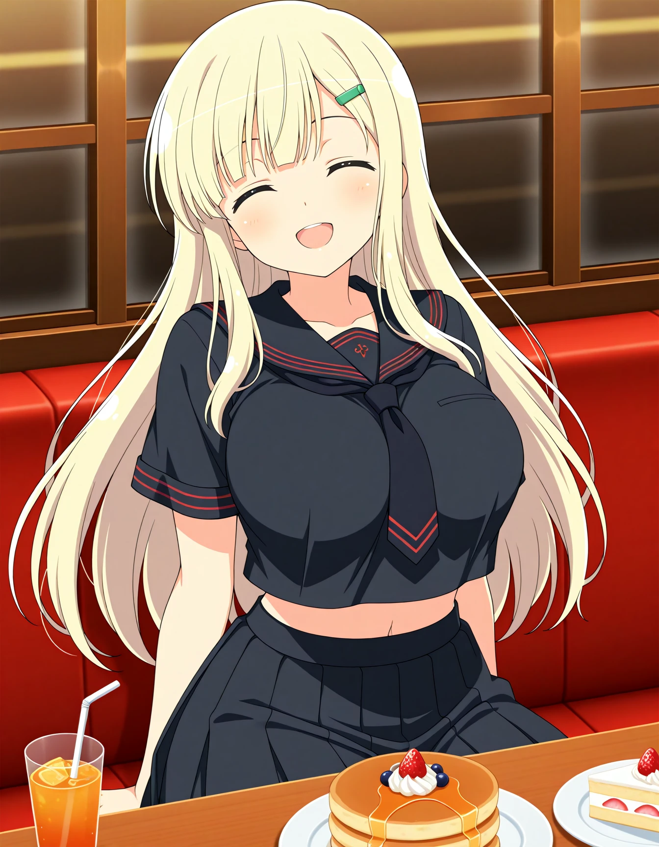 <lora:A dmd2-lighting8step_cfg1.5:1>,official style,masterpiece,best quality,very aesthetic,absurdres,newest,anime coloring,anime screencap,anime style,<lora:SK Yomi_(Senran_Kagura)v1:1>,yomi \(senran kagura\),green eyes,blonde hair,long hair,green hairclip,large breasts,black sailor collar,school uniform,black tie,black serafuku,black shirt,black skirt,pleated skirt,crop top,short sleeves,posing,smile,restaurant,sitting,closed eyes,open mouth,cake,drink,pancake,food_in_mouth,solo,