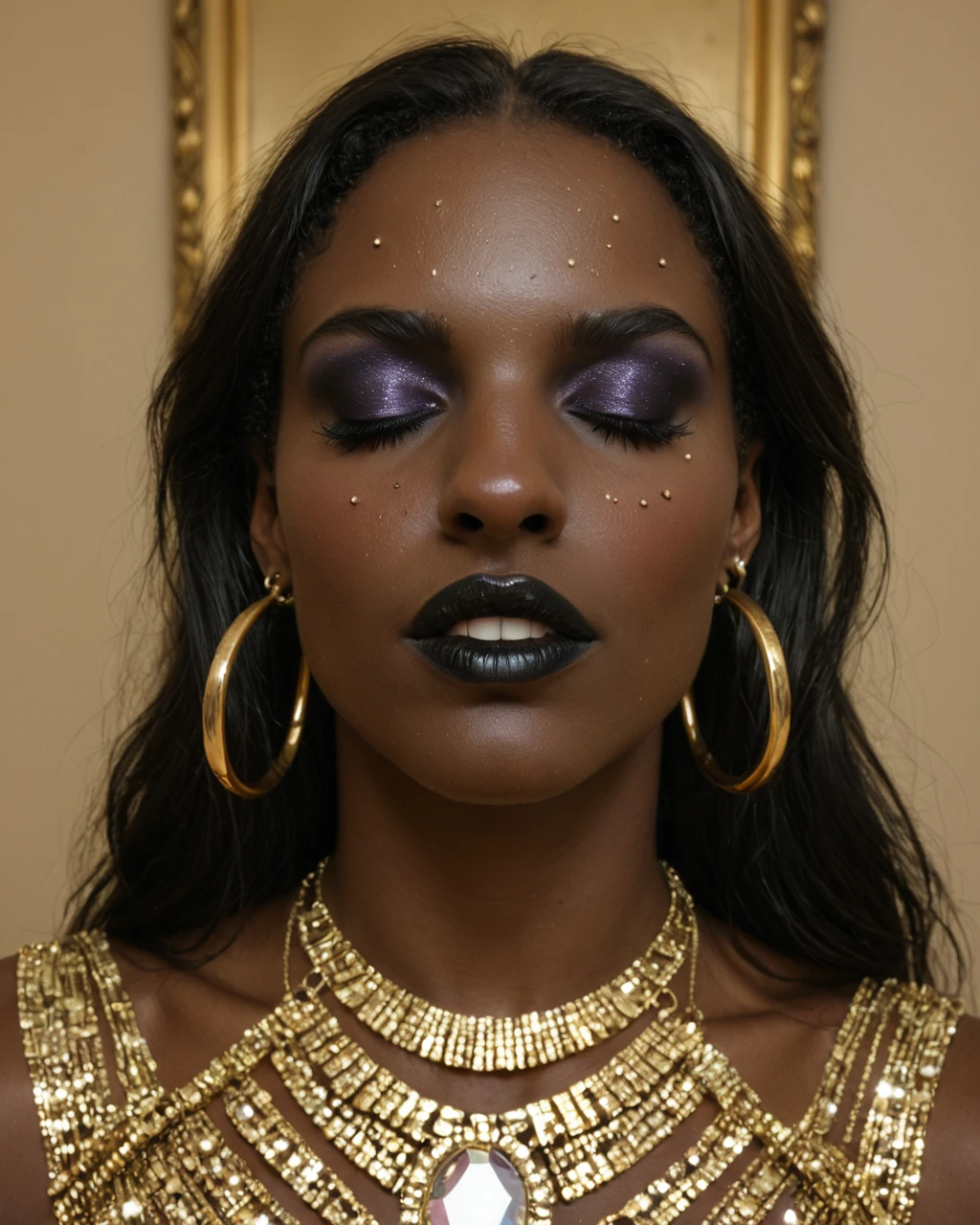 1girl, solo, long hair, black hair, jewelry, closed eyes, teeth, artist name, necklace, mole, eyelashes, lips, makeup, colored skin, portrait, mole under mouth, close-up, realistic, gold, black skin, black lips, gold chain,
In a dimly lit room, a woman with long, dark hair cascading down her shoulders is captured in a close-up portrait. Her face is adorned with intricate black and gold makeup, featuring elaborate patterns that extend from her forehead down to her cheeks. The makeup is complemented by sparkling gold glitter scattered across her skin, adding a touch of glamour and mystique. She wears a pair of gold hoop earrings that catch the light, enhancing the overall ethereal and artistic ambiance of the scene. The background is blurred, drawing focus entirely to her striking appearance and the detailed artistry of her makeup.