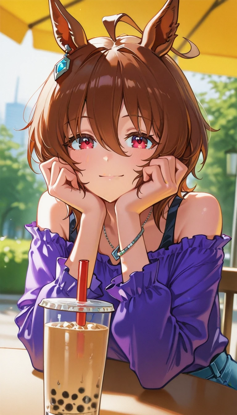 , , , mikoart99 , mikoart99, 1girl, solo, animal ears, purple shirt, brown hair, jewelry, horse ears, ahoge, looking at viewer, off shoulder, earrings, pov across table, cup, shirt, smile, outdoors, off-shoulder shirt, red eyes, drinking straw, hair between eyes, long sleeves, blurry, bangs, disposable cup, necklace, horse girl, hands on own face, bare shoulders, head rest, bubble tea, film grain,