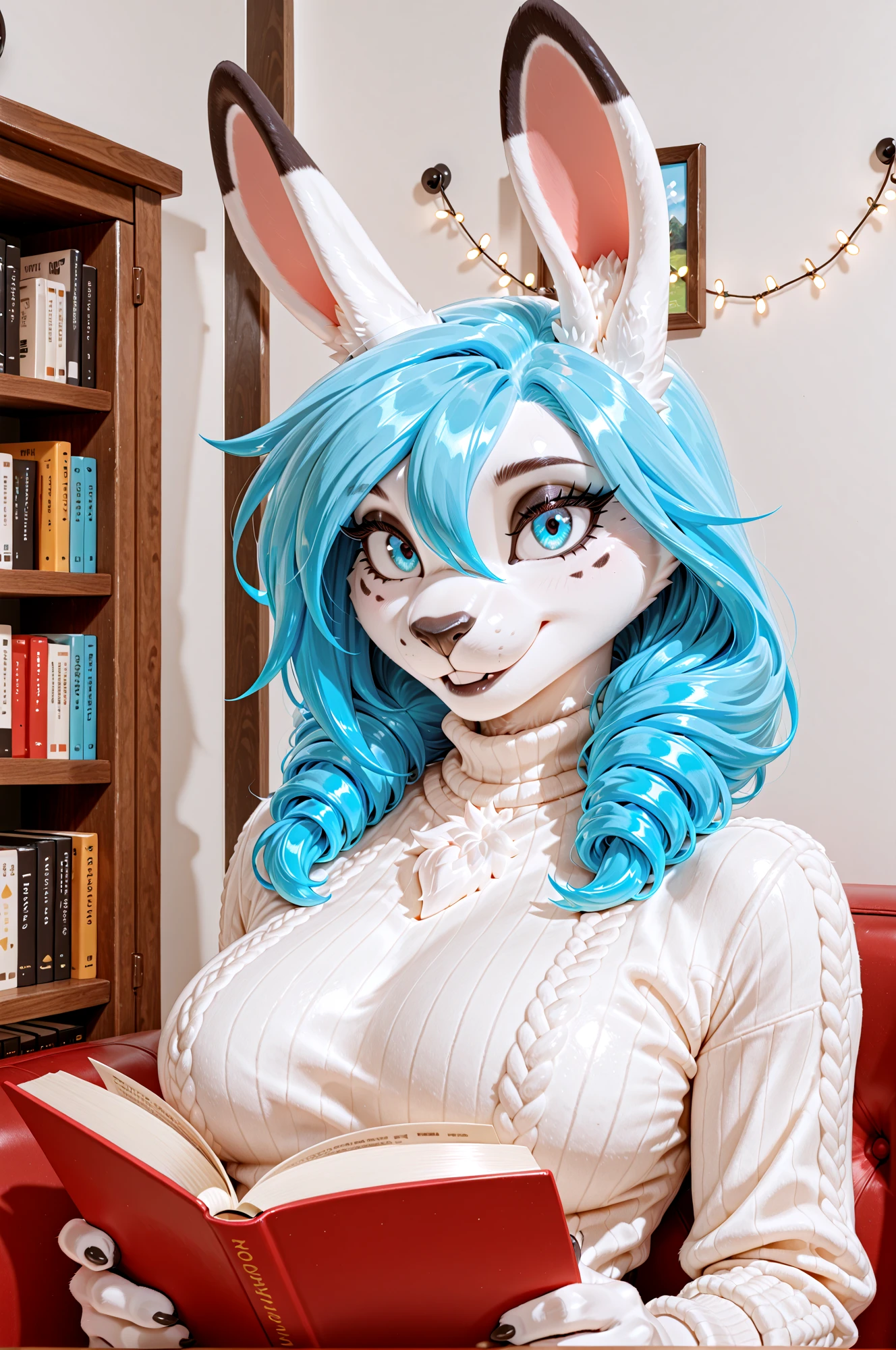 masterpiece, best quality, amazing quality, very aesthetic, absurdres, newest, anime style, cel-shaded, saturated colors, glossy highlights, furry, anthro, Liora Furry Bunny, blue hair, blue eyes, solo, 1girl, bust-up portrait, cozy knitted sweater, holding an open book, gentle smile, bunny ears relaxed, background: warm bedroom interior with shelves full of books and fairy lights