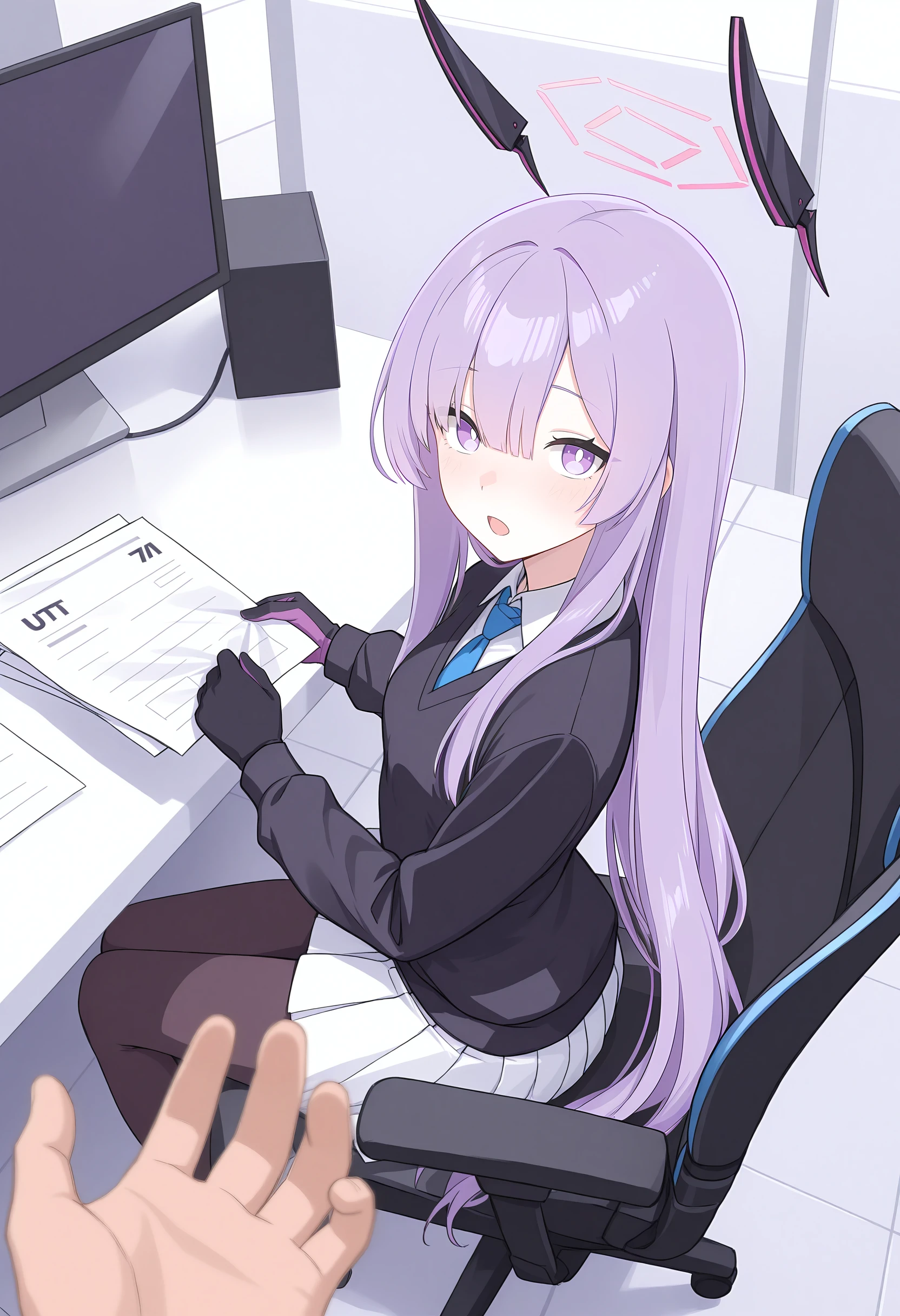 masterpiece, best quality,
1girl, <lora:UtahaILv7-000014:1>, ut4def, purple hair, long straight hair, purple eyes, white pupils, pink halo, floating headgear, small breasts,
black sweater, white collared shirt, blue necktie, black gloves, two-tone gloves, white pleated skirt, brown pantyhose, black loafers,
looking at viewer, open mouth, light blush, holding paper, papers, sitting, on chair,
science fiction, office, white table, black swivel chair, monitor, from side, from above, perspective,
SECTION
1boy, pov hand, beckoning, (toned male:0.8),