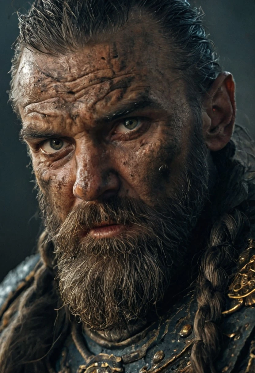 A hyper-realistic portrait of a furious fantasy dwarf warrior, glaring directly at the viewer with fiery, long braided beard cascading over thick, rune-etched ornate armor, aged and battle-worn, set in a dark and faded color palette with subtle hints of steel blue and ash, illuminated by dramatic cinematic lighting that carves deep shadows into his stern, rugged face, intense expression twisted with rage, jaw clenched and brows furrowed, rich weathered textures across skin and metal, background blurred with motion suggesting chaos or battle aftermath, subtle film grain adding realism, unusual limited dark tones intensifying the mood, extreme realism with sharp facial detail, deep atmosphere, fantasy realism with a gritty, grim tone, professional studio composition, masterpiece quality, sharp eyes, detailed eyes, detailed pupils, iris detail