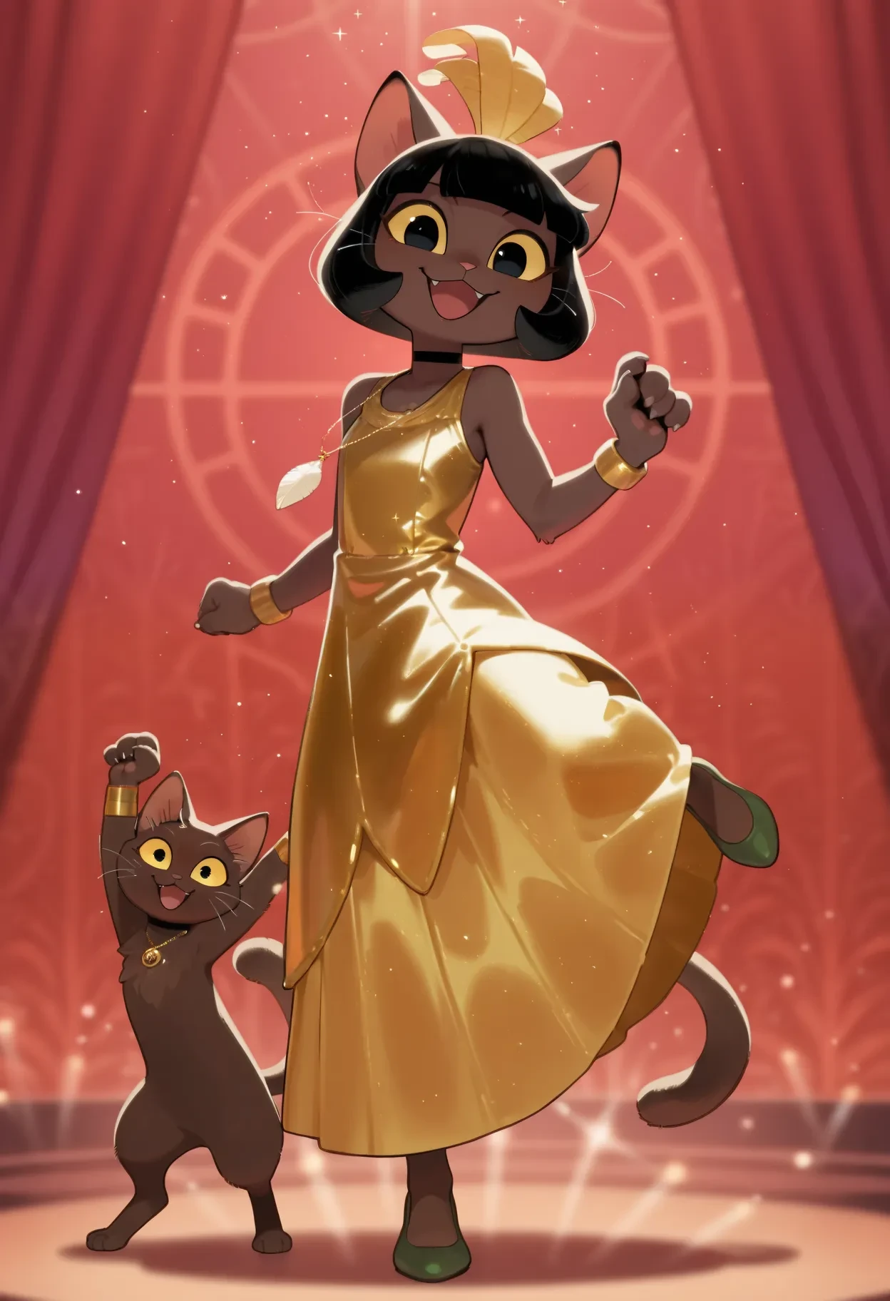 on model, soft shading, ivyc, 1girl, female, solo, black eyes, yellow sclera, brown fur, black hair, short hair, bob cut, cat, tail, full body, open mouth, smile, from front, facing viewer, red background, on stage, dancing, spotlight, art deco, flapper dress, yellow dress, gold dress, sleeveless dress, headpiece, gold feather, bracelets, green flats, necklace, long necklace, black choker, happy, head tilt, stage lighting, glowing, sparkles, art deco background, geometric background, indoors, looking at viewer, (kotteri,masha,himukai yuuji,yasuda suzuhito:1), <lora:vulpeculaIllustrious_z1:0.6> prpwv, <lora:Turgid Luster [Illustrious]:0.6> ermi, hndcc, high kick, long skirt, skirt up, bloomers,
<lora:Ivy v5b Noobs955:0.8>