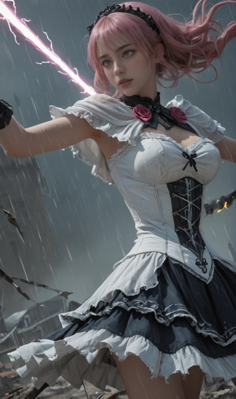 a girl in movie battle scene. girl is in gothic dress and holding rapier sword, fencing. <lora:scamy_iniverse_32_2e4:0.7> scamy, bangs, white dress, blown hair, sword,skirt,corset,rose broach,drill hair, in destroyed bedroom, heavy rain and storm in evening, crimson,blue electric shock,lightning bolt attack on body, motion blur, damage effect.