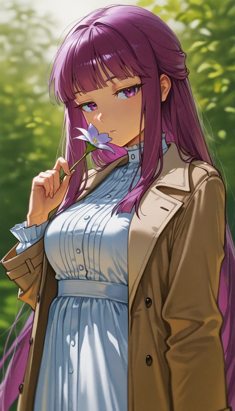 , , mikoart99, film grain,  , mikoart99, 1girl, solo, purple eyes, purple hair, long hair, flower, holding, looking at viewer, holding flower, bangs, dress, long sleeves, outdoors, blurry, white dress, very long hair, blurry background, upper body, coat, sidelocks, blunt bangs, breasts, film grain,