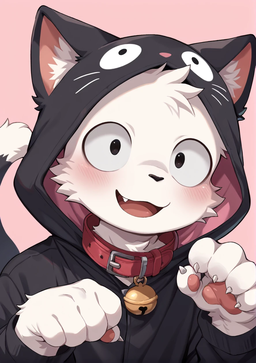 masterpiece,best quality,high quality,highly detailed,intricate,8k,absurdres,1boy,solo,furry boy,round eyes,sanpaku,furry,white fur cat,black cat costume,cat ears,cat tails,cat collar,pink background,simple background,cat pose,cute smile,fang,blush,<lora:ããããwaryusya_NAI1:1.2>