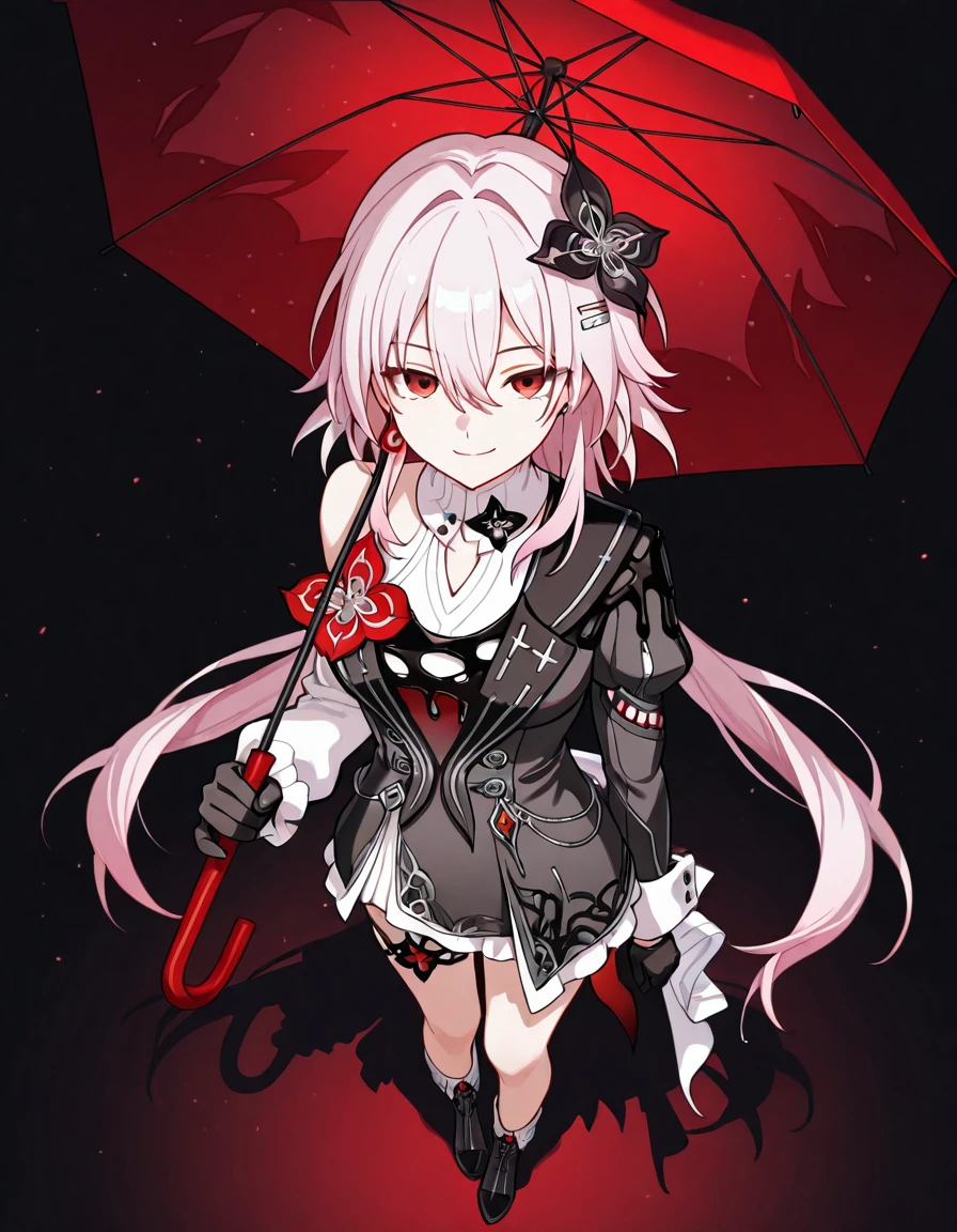 cinematic still Volumetric Lighting, (masterpiece), (best quality), (ultra-detailed), masterpiece, source_anime, score_9, score_8_up, score_7_up BREAK, illustration, disheveled hair, detailed eyes, perfect composition, moist skin, intricate details, detailed eyes, detailed face, detailed fingers BREAK, Evernight, long hair, low twintails BREAK, Evernightdef, evn_dress_flower, evn_hair_flower, evn_black_dress, evn_black_jacket, evn_white_sleeveless_shirt, mismatched sleeves, evn_detached_sleeve, evn_hairclip, evn_gloves, evn_umbrella, evn_single_earring, evn_thigh_strap, evn_high_heel_boots BREAK, ((black background)), looking at viewer, holding umbrella, standing, shadow, smirk, full body, from above, looking up