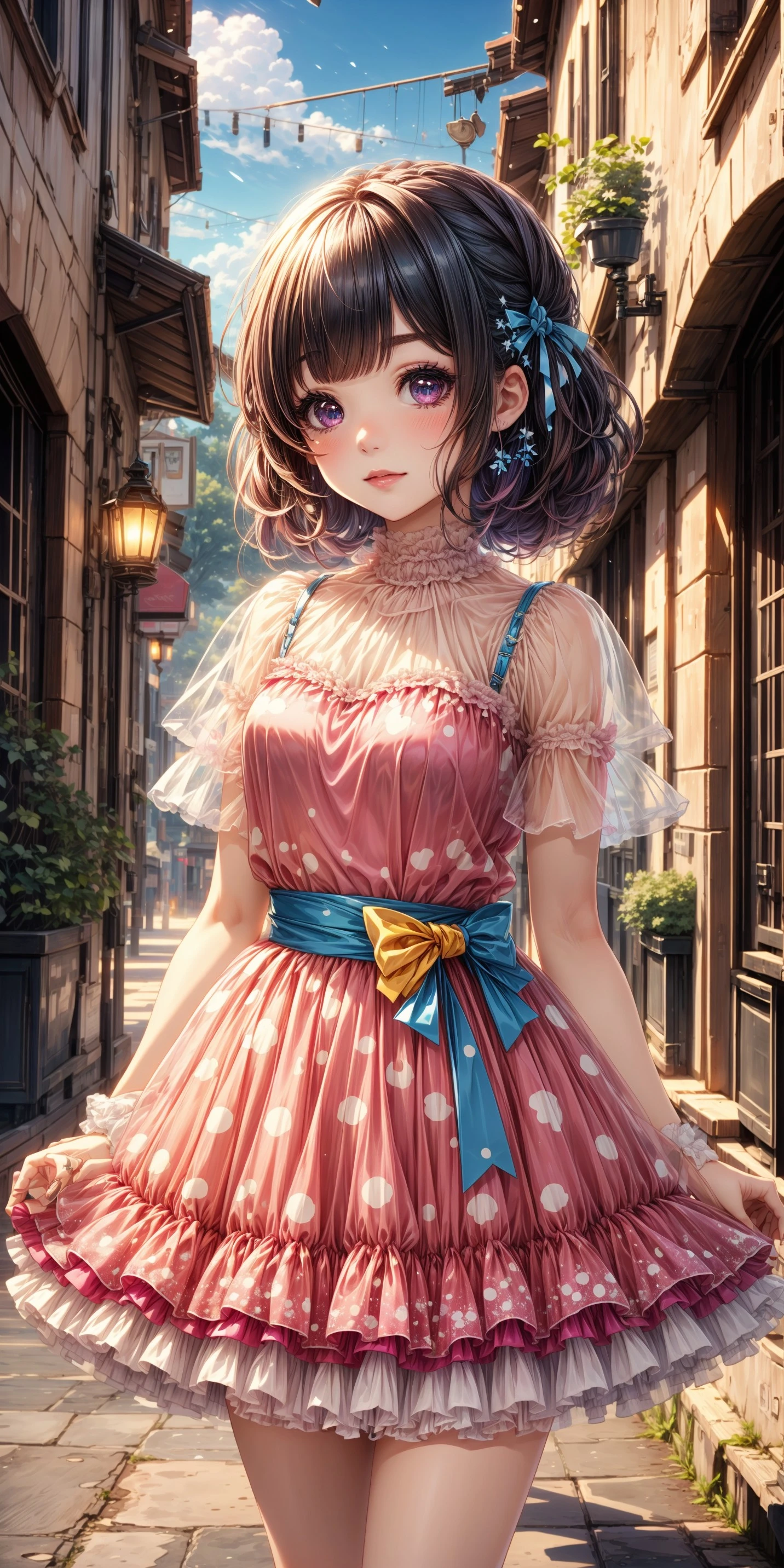 1girl, big sparkling eyes, blushing, full face blushing, pink and magenta strapless sleeveless short puffy dress, light pink sheer shoulder frills, pink bodice, blue and yellow waist ribbons, magenta and off-white short attached polka dot print tulle tutu skirt, bows, yellow bow, blue bow, <lora:more_details:0.7>, <lora:scene_:0.5>, <lora:FashionComplexityEnhancerLORAv1:0.4>, <lora:77d0aa18-2822-4d80-803a-17810d70a2af:0.6>, <lora:2e7fa73a-6616-4428-8b5f-0e65efaa9198:0.4>, <lora:bar:0.4>, <lora:96073874-f082-4683-942e-601cecac5c40:0.3>, <lora:f7d08feb-f21d-42d0-9ef1-a9481867524d:0.3>, , , , ,