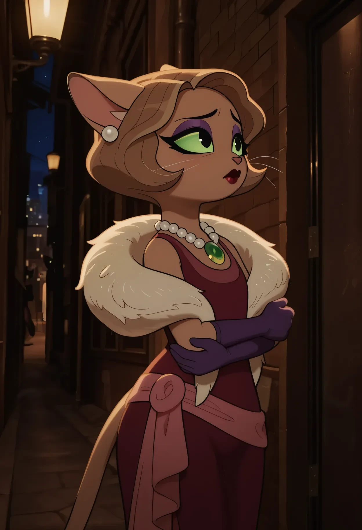 masterpiece, best quality, absurdres, BREAK, on model, screencap, flat color, furry, anthro, feline, mature, mature female, bob cut, light brown hair, tan fur, red dress, pearl necklace, emerald pendant, fur collar, pearl earrings, purple gloves, green sclera, black eyes, purple eyeshadow, red lipstick, city, alley, night, brown hue, from side, facing side, looking ahead, tail, worried, wince, hand up, crossed_arms, 1girl, female, solo, flat chest, droopy eyes, <lora:Ivy v5b Noobs955:1>