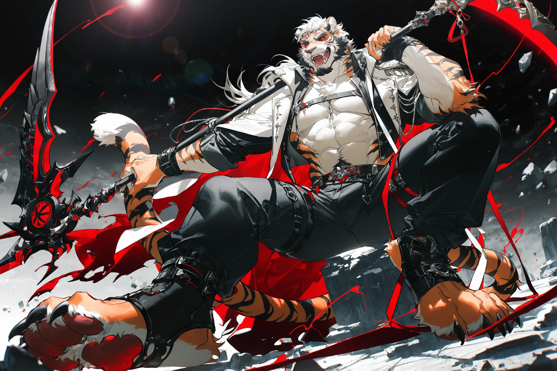 masterpiece,best quality,very awa,ultra-detailed,absurdres,huge filesize,
perfect anatomy,good hands,
rella,konya_karasue,cg,lens flare,
tiger boy,furry male,furry,male focus,1boy,scythe,tiger tail,muscular male,holding,bara,tiger stripes,tiger ears,large pectorals,muscular,abs,orange fur,mature male,weapon,white fur,holding scythe,solo,digitigrade,colored sclera,holding weapon,bare pectorals,pectoral cleavage,full body,pants,looking at viewer,white hair,thick eyebrows,jacket,facial hair,body fur,goatee,open clothes,leg belt,beard,sitting,torn clothes,tongue,teeth,fangs,red eyes,black pants,
<lora:Kombagavad_gita_V3.3_Glittering_gravel:0.9>,