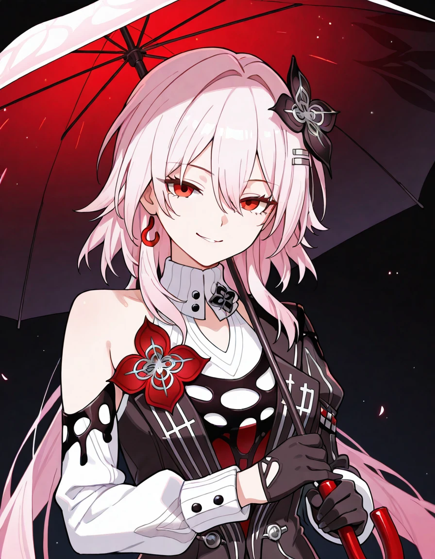 cinematic still Volumetric Lighting, (masterpiece), (best quality), (ultra-detailed), masterpiece, source_anime, score_9, score_8_up, score_7_up BREAK, illustration, disheveled hair, detailed eyes, perfect composition, moist skin, intricate details, detailed eyes, detailed face, detailed fingers BREAK, Evernight, long hair, low twintails BREAK, Evernightdef, evn_dress_flower, evn_hair_flower, evn_black_dress, evn_black_jacket, evn_white_sleeveless_shirt, mismatched sleeves, evn_detached_sleeve, evn_hairclip, evn_gloves, evn_umbrella, evn_single_earring BREAK, ((black background)), looking at viewer, holding umbrella, smirk, upper body