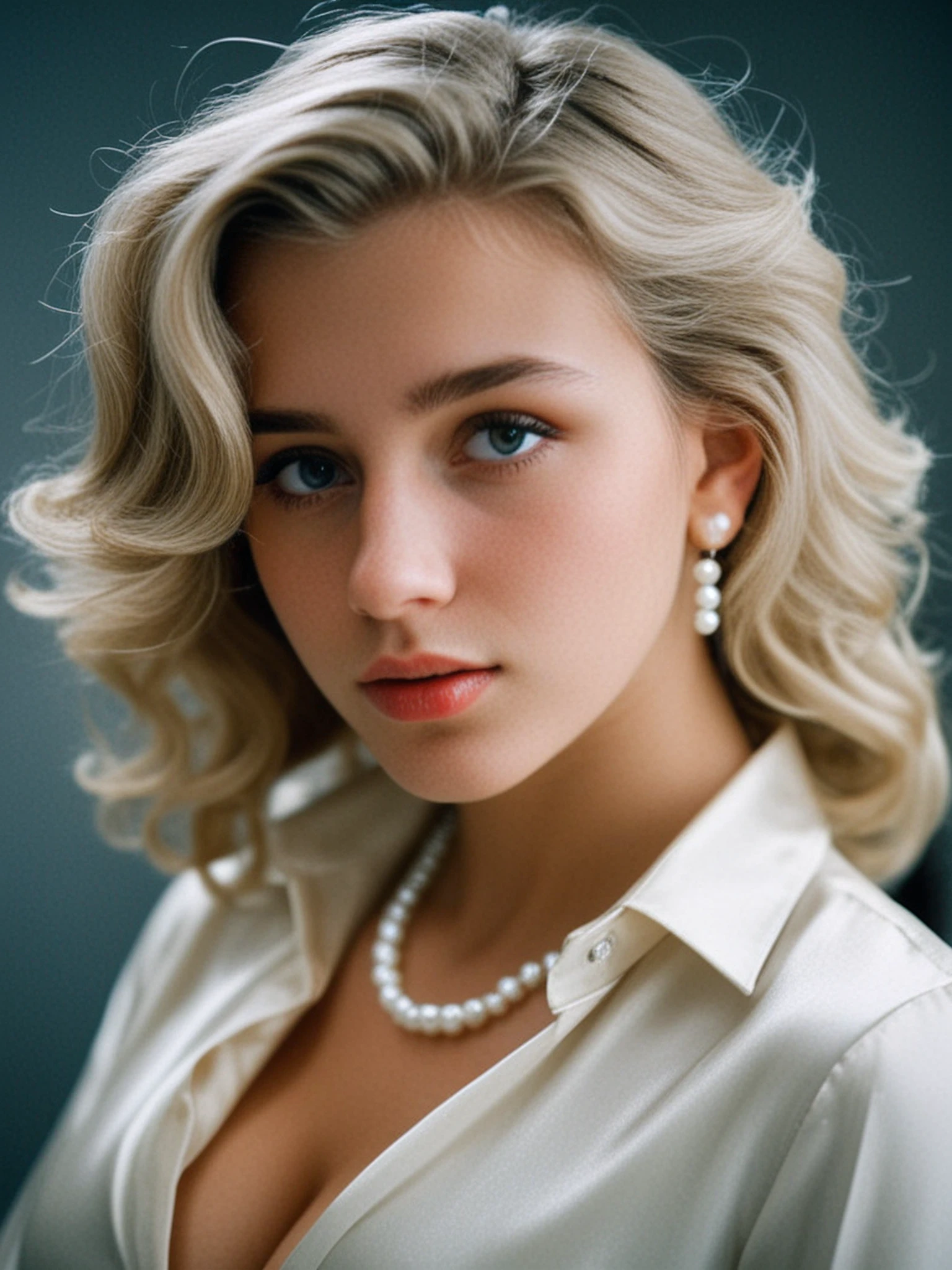 danni,realistic, waist-up professional portrait, playful glance pose, cleavage, pearl earrings, subtle pearl necklace, high collared shirt, satin shirt, (detailed face), focus on eyes, eyelashes, 20-year-old woman, medium hair, wavy hair, full lips, depth of field, (film grain:2), blonde

