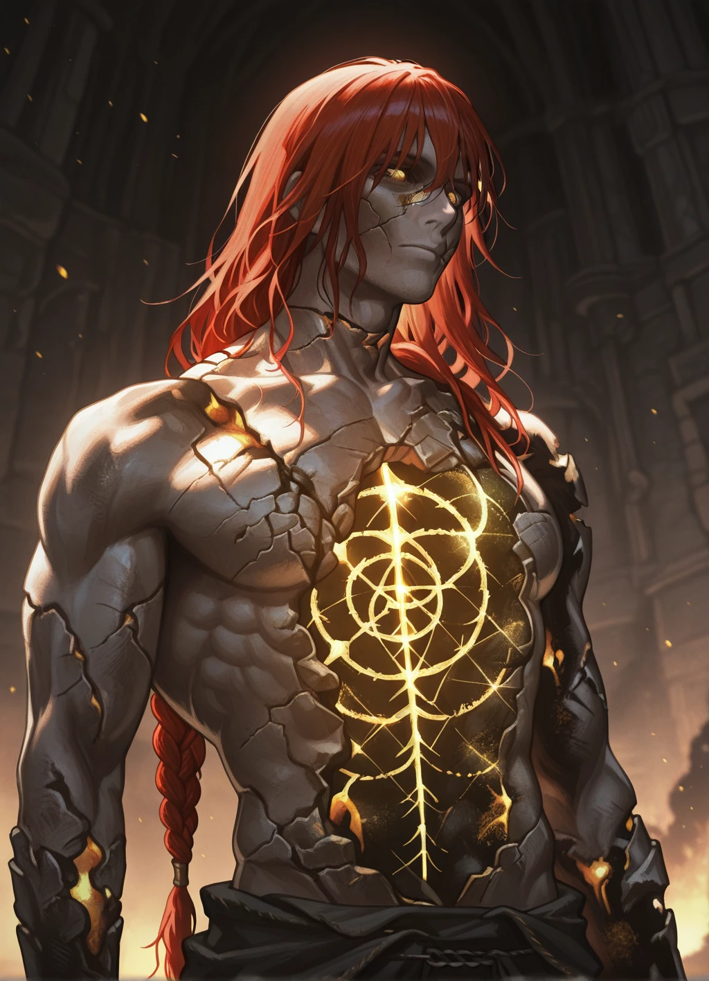 masterpiece,best quality, radagon, solo, 1boy, muscular male, long red hair, braided hair, cracked body, hole in chest, glowing elden ring (symbol), <lora:radagon:1>,