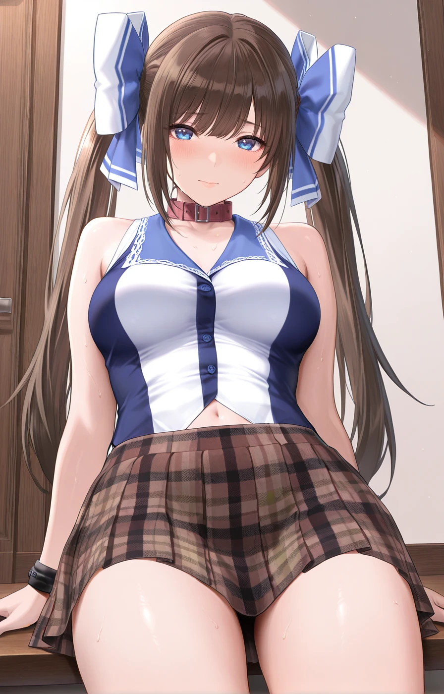 masterpiece,best quality,absurdres,1girl,solo,<lora:Girl_illust01-000014:0.8>,twintails,brown hair,long hair,blue eyes,hair bow,plaid skirt,sleeveless shirt,wristband, collar,