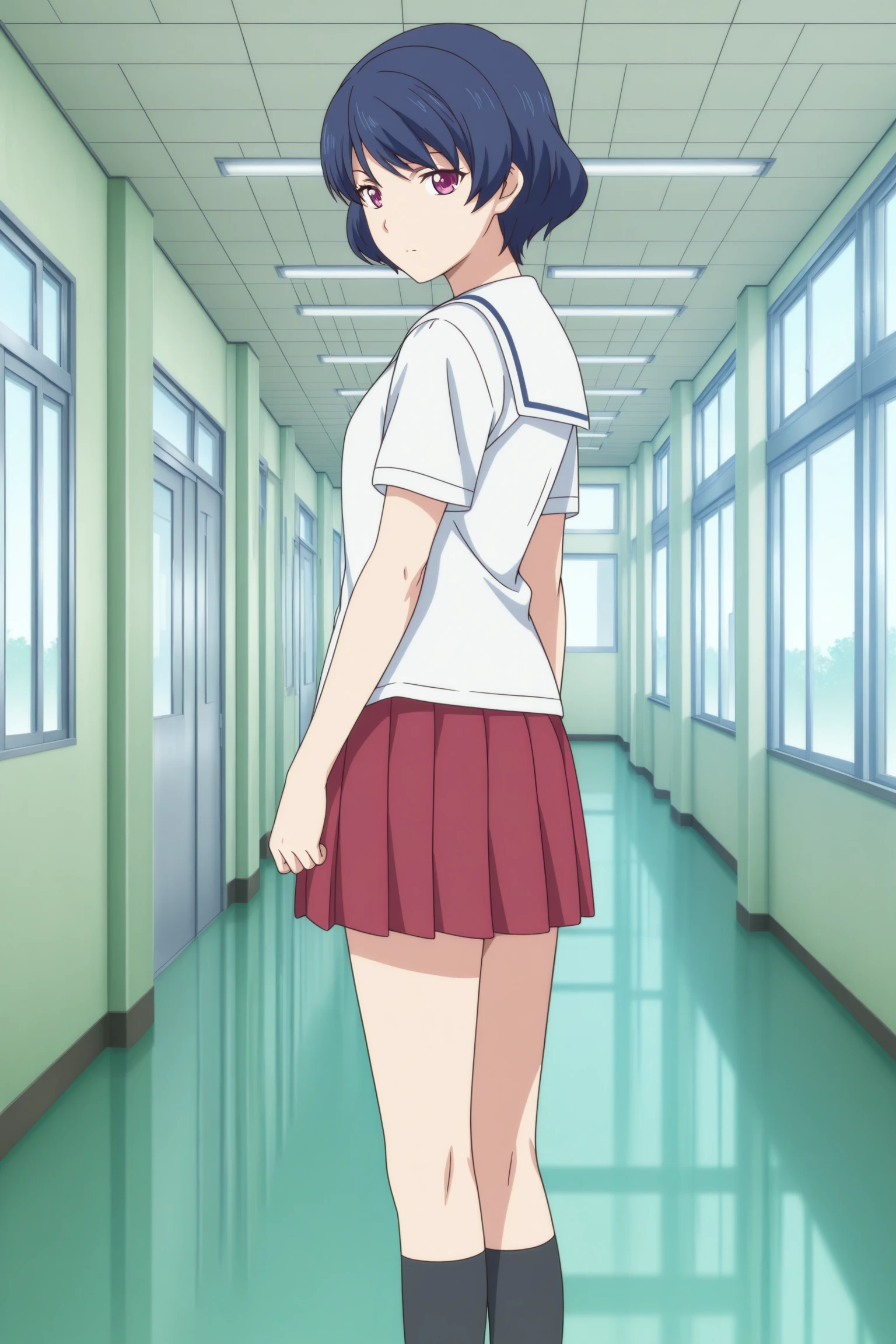 masterpiece, best quality, amazing quality, highres, absurdres, very aesthetic, high resolution, ultra detailed, perfect details, 1girl, solo, indoors, school hallway, day, tachibana rui, short hair, blue hair, choppy bangs, purple eyes, short sleeves, white shirt, white sailor collar, untucked shirt, red skirt, pleated skirt, black socks, kneehighs, black footwear, loafers, <lora:Rui_Tachibana_ILXL:0.8>, (feet out of frame), looking at viewer, (anime coloring:1.2), standing, (pose:1), expressionless, from side