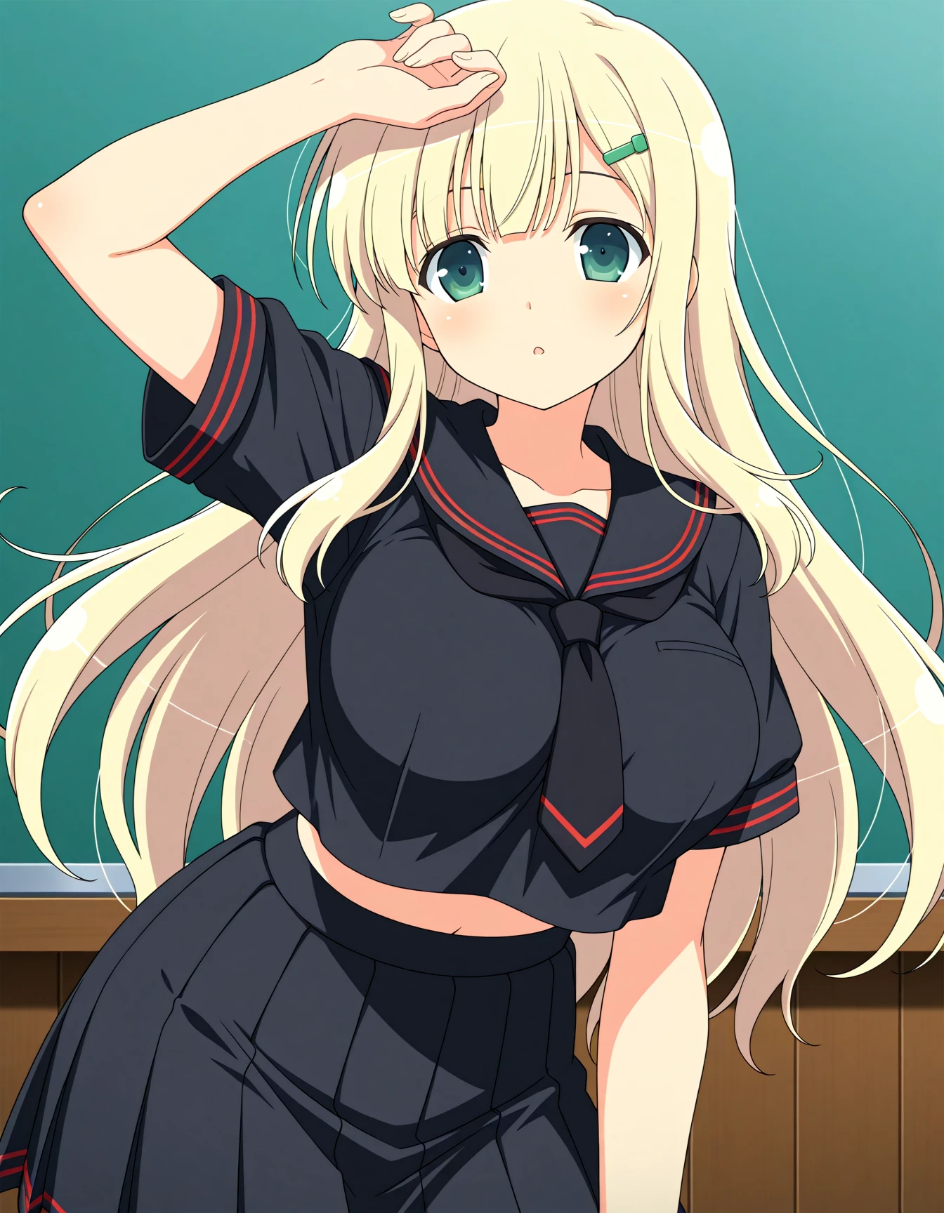 <lora:A dmd2-lighting8step_cfg1.5:1>,official style,masterpiece,best quality,very aesthetic,absurdres,newest,anime coloring,anime screencap,anime style,<lora:SK Yomi_(Senran_Kagura)v1:1>,yomi \(senran kagura\),green eyes,blonde hair,long hair,green hairclip,large breasts,black sailor collar,school uniform,black tie,black serafuku,black shirt,black skirt,pleated skirt,crop top,short sleeves,posing,