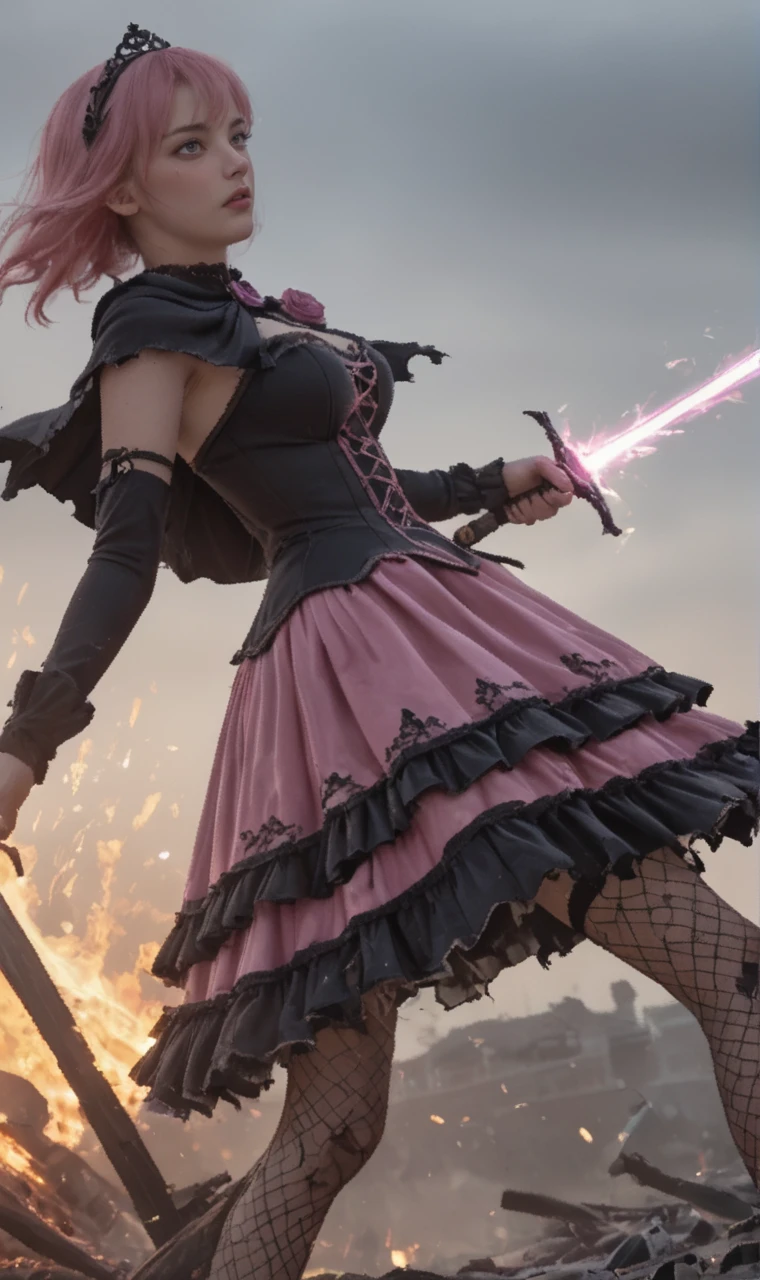 a girl and tentacle monster are fighting in movie battle scene. girl is in gothic dress and holding rapier sword, fencing. <lora:scamy_iniverse_32_2e4:0.7> scamy, bangs, pink dress, pink hair, detached sleeves,tiara, in burning sea port, clear sky in sunset, violet lightning bolt attack on body, motion blur, damage effect.