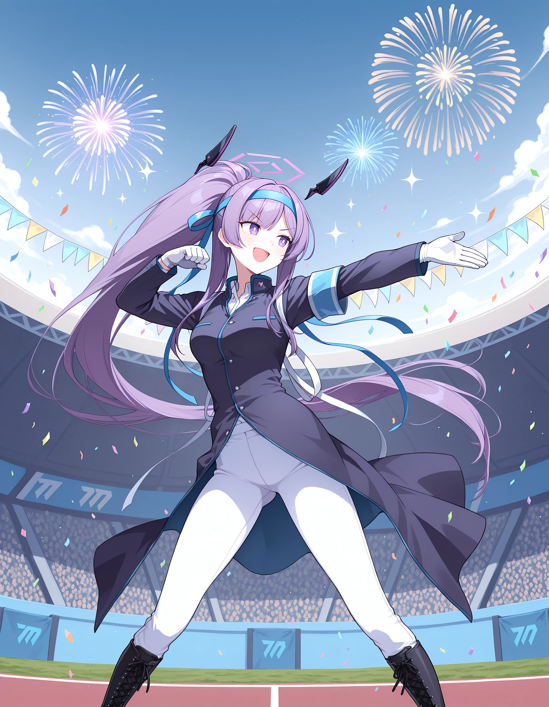 blue sky, fireworks, clouds,
SECTION
masterpiece, best quality,
1girl, solo, <lora:UtahaILv7-000014:1>, ut4cap, purple hair, long hair, high ponytail, purple eyes, white pupils, pink halo, floating headgear, blue hachimaki, hair ribbon, medium breasts,
black and blue coat, two-tone coat, buttons, white collared shirt, open collar, blue armband, white tasuki, back ribbon, white pants, black laced boots, knee boots, white gloves,
standing, legs apart, full body, looking to the side, v-shaped eyebrows, smile, :d, sparkle, sparkling aura, <lora:Bodybuilding_Archer_Pose:0.8>, Archer Pose, one arm flexed, one arm extended, outstretched arm,
stadium, string of flags, confetti, (grass:0.8),
SECTION
people, audience,