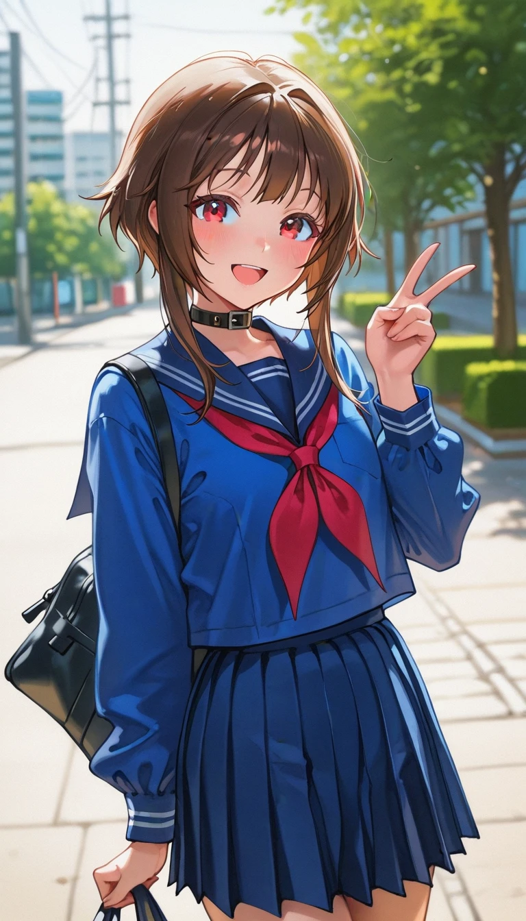 , , , mikoart99, film grain,  , mikoart99, 1girl, solo, skirt, school uniform, red eyes, brown hair, open mouth, smile, looking at viewer, serafuku, outdoors, bag, neckerchief, blurry background, long sleeves, pleated skirt, blue skirt, red neckerchief, short hair with long locks, shirt, blurry, v, blush, sailor collar, bangs, hand up, blue shirt, alternate costume, :d, collar, film grain,