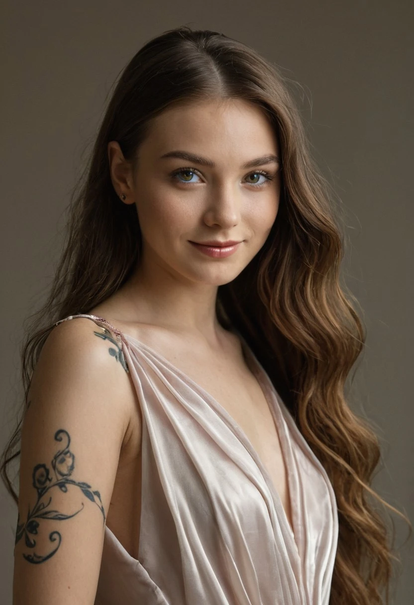 score_9, score_8_up, score_7_up, photo \(medium\), score_9, score_8_up, solo, photo (medium), cinematic film still, reflections, dreamy, soft focus, 1woman, (30yo), (elegant, slender, long flowing hair, wearing a silk dress, tattoos), natural smile, delicate makeup, RAW photo, hyper detailed photorealistic 8k, (accurate cinematic lighting), photorealistic detail, (selective focus:0.7), soft lighting, ultra detailed, 4k,epic, raw, dslr photo, color graded, realistic eyes with pupil and iris, intricate details, smile, looking at viewer, sharp eyes, detailed eyes