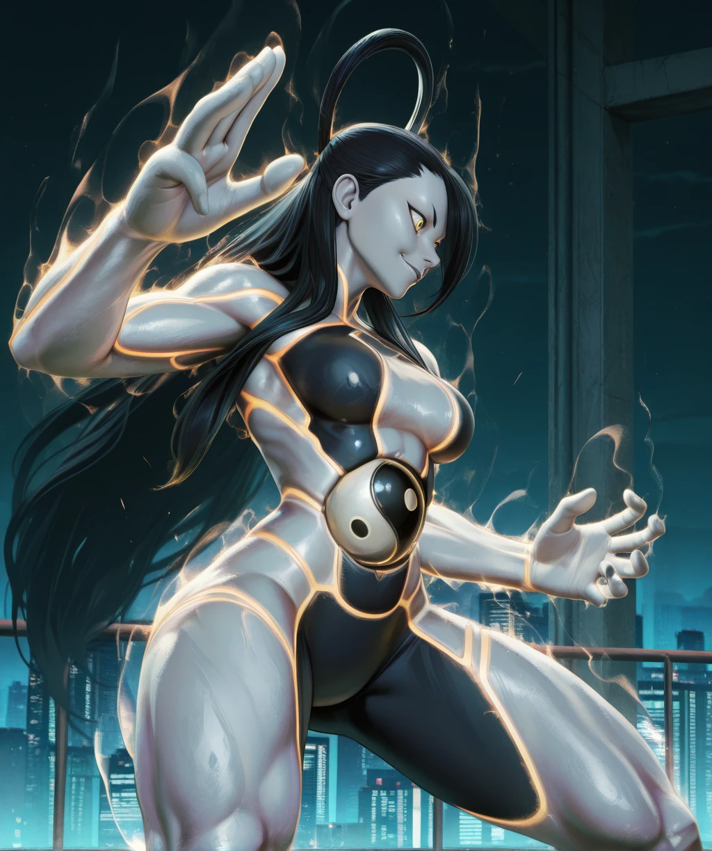 fsethxl, black hair, hair ring, yellow eyes, yin yang,
smile, colored skin, fighting stance, aura, thighs,
clear composition, atmospheric haze, ambient occlusion, night, detailed cityscape,
(insanely detailed, masterpiece, best quality,), <lora:FSethXL-12v1-iLL:0.9>,