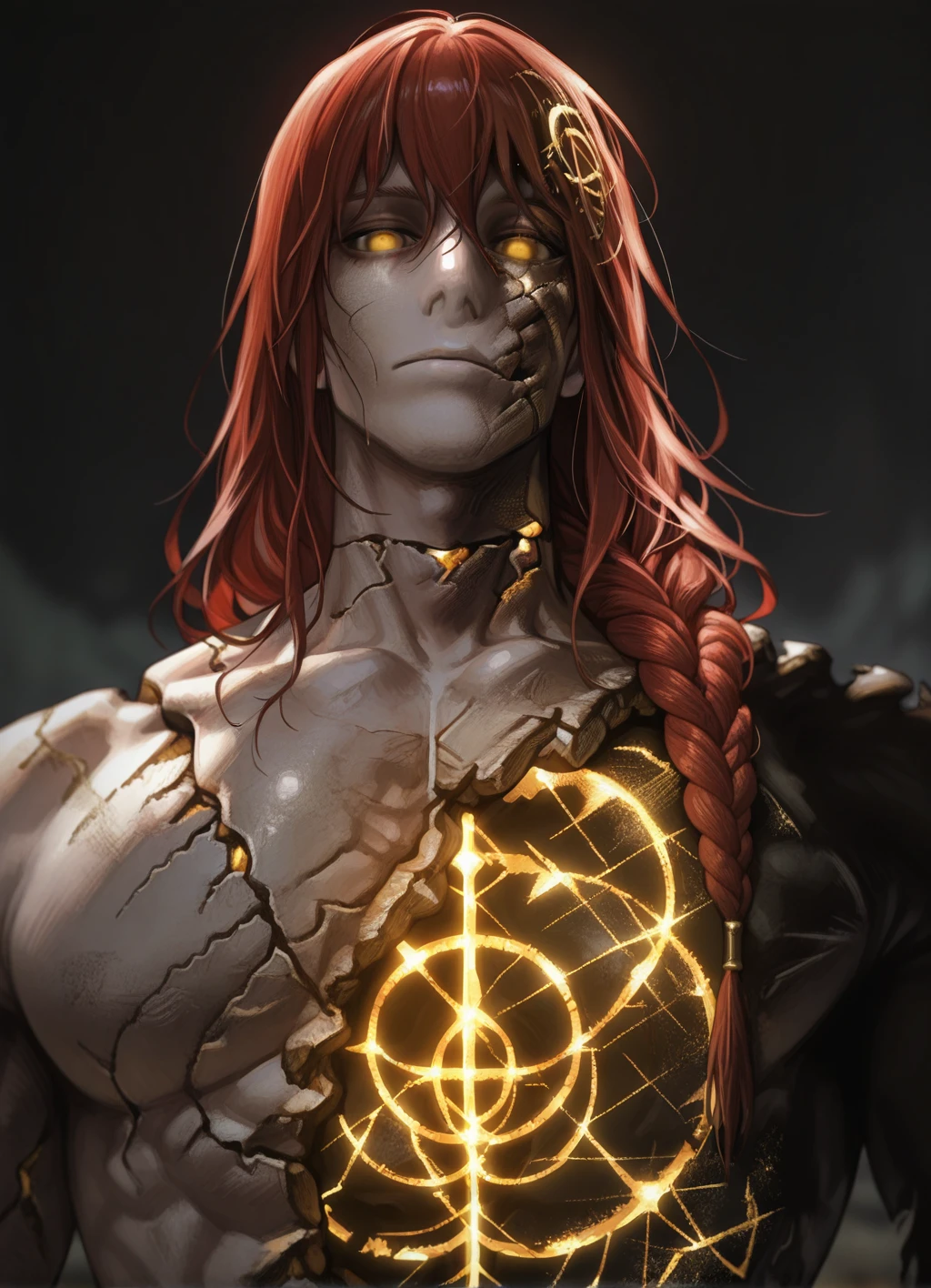 masterpiece,best quality, radagon, solo, 1boy, muscular male, braided hair, cracked body, hole in chest, glowing elden ring (symbol), <lora:radagon:1>, upper body, empty eyes, looking at viewer, expressionless, black background, blurry background, close-up, portrait, glowing eyes,