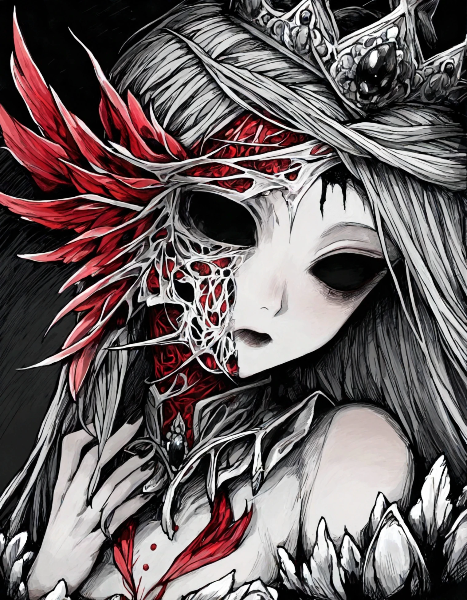 <lora:XmutsixV2:1>,x1mtxsx,solo,1girl,princess,grey,black eyes,black background,red X,body,detail,lines,