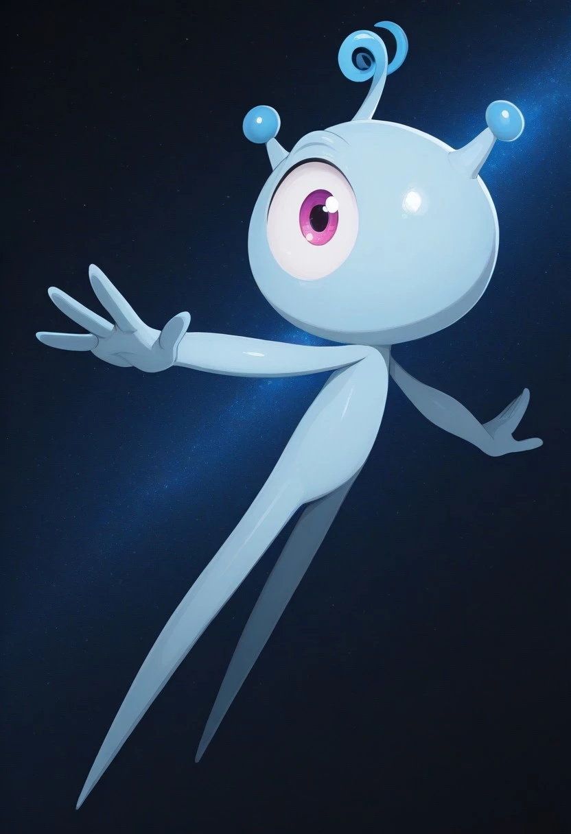 solo male, Yacker, (one eye), light blue skin, alien, small blue antennas, magenta eye, long blue arms, space, arms outstretched, no legs, (high quality, masterpiece, cinematic lighting, highres, 4K UHD)