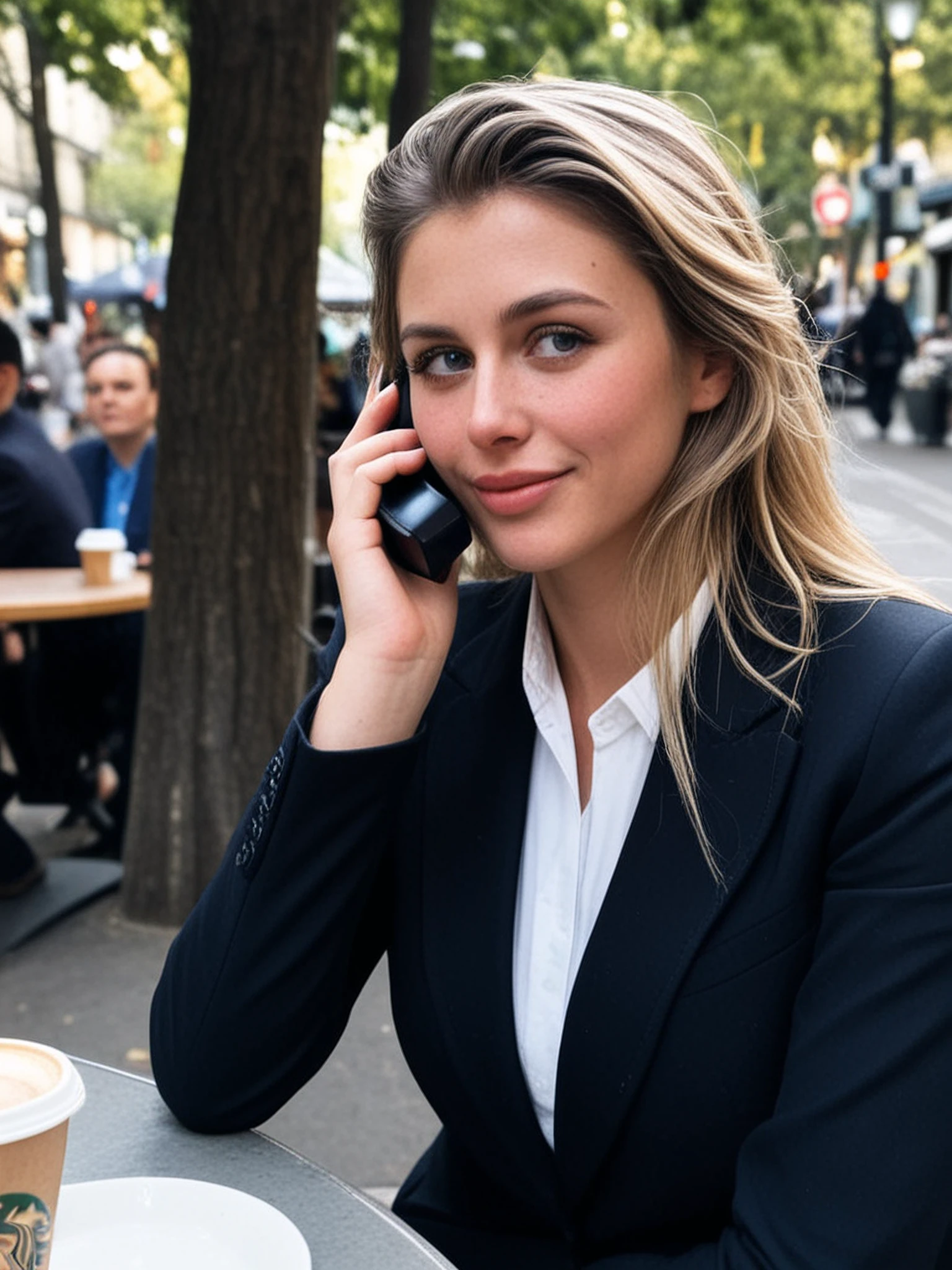 danni, layered hair, rosy cheeks, , skin details, sitting at outdoor cafe,shallow depth of field, trees, traffic, pedestrians, drinking coffee, talking on phone, candid shot, cinematic, business suit, face details