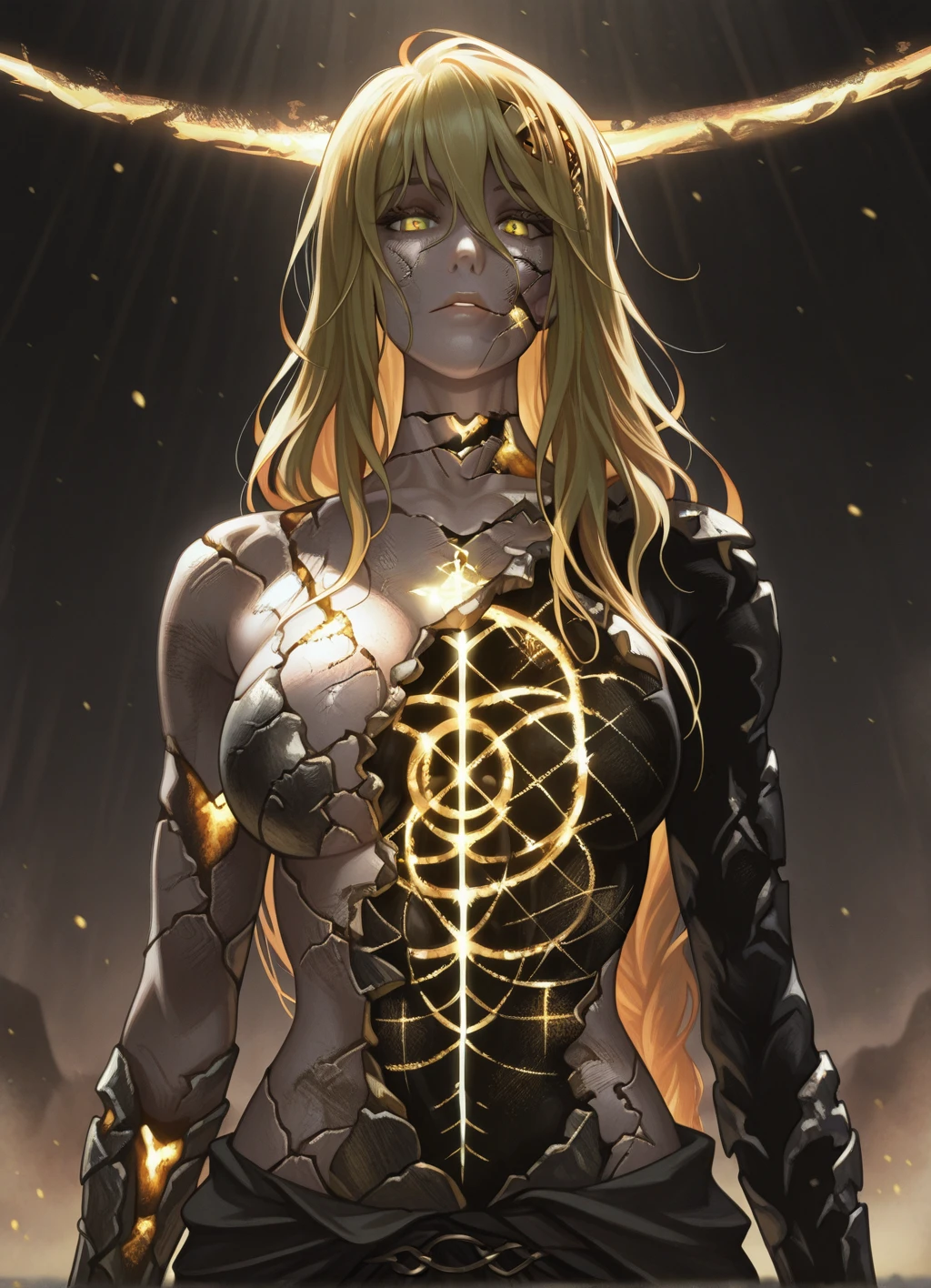 masterpiece,best quality, radagon, solo, 1girl, queen marika the eternal, cracked body, hole in chest, glowing elden ring (symbol), <lora:radagon:1>,looking at viewer,