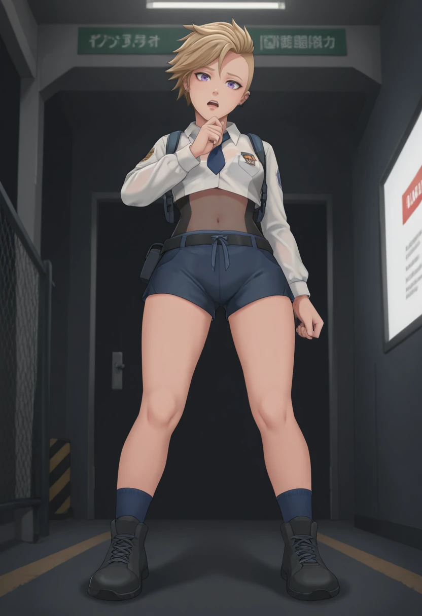 solo, <lora:Kleio-ILL:0.9> klolssb, , purple eyes, piercing,, aristocratic_clothes, spiral uva_academy_school_uniform, , cutout above navel, , , see-through clothes, long sleeves, , Jade ,, knocking, light_frown, xd, screaming, gas_station ,fence,, , window_shadow , toon, from below, full body, masterpiece,best quality,amazing quality,very aesthetic,absurdres,ultra detailed face,ultra detailed eyes