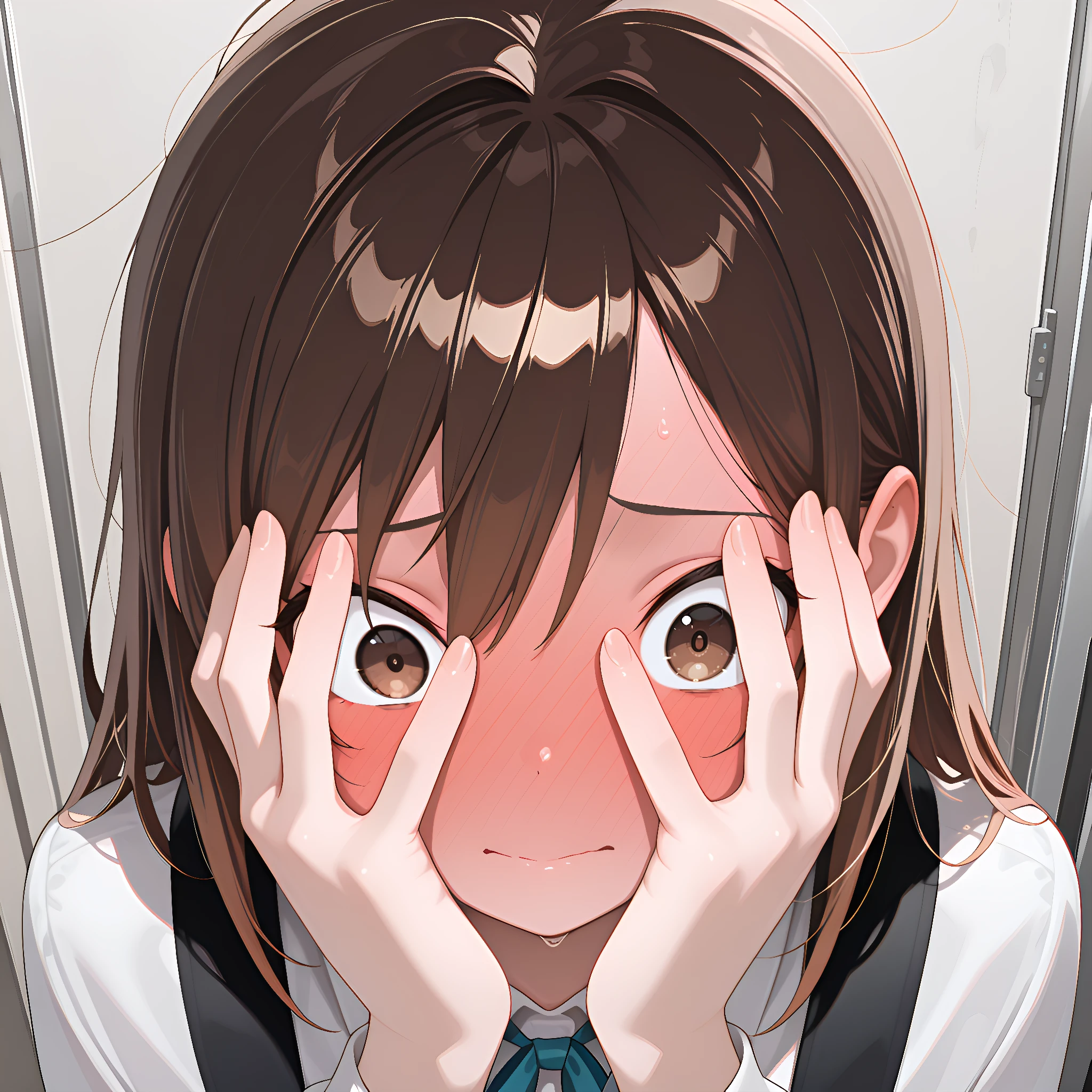 very embarrassed, full face blush, hands covering face lazypos,(masterpiece:1.1), (best quality), (absurdres), (highres), (amazing quality), (newest), (aesthetic), (detailed:1.5), BREAK in center, (solo:1.5), simole background, BREAK 1girl, brown hair, brown eyes, <lora:Pearly_lewd_expressions__Illustrious:1.00>