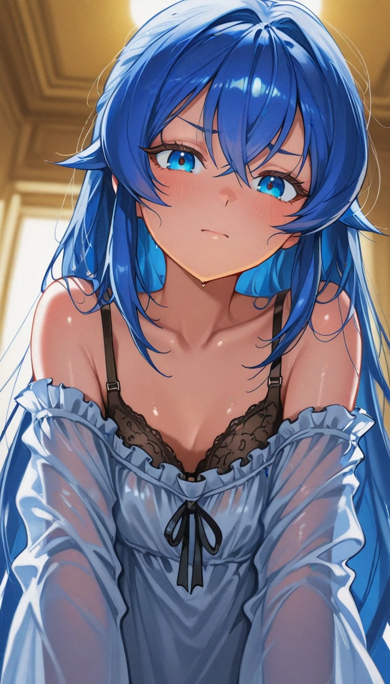 , , mikoart99, film grain,  , mikoart99, 1girl, solo, long hair, blue eyes, blush, blue hair, looking at viewer, collarbone, closed mouth, bangs, hair between eyes, upper body, crossed bangs, off shoulder, bare shoulders, shiny, shiny hair, from below, very long hair, indoors, bra, underwear, film grain,